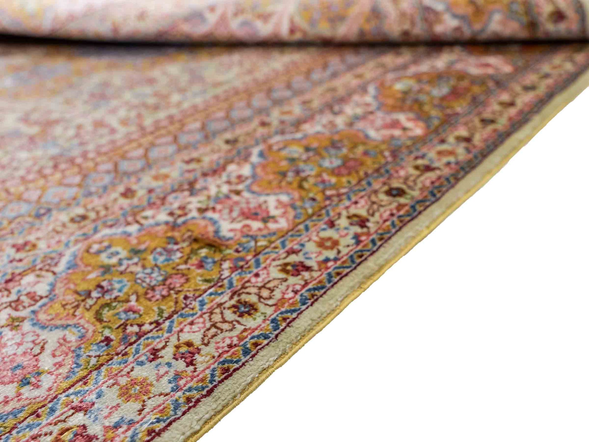 Extrem feiner, handgeknüpfter Khademi Orientteppich mit Nain Design aus purer Seide, gold, creme, blau. 93x62 cm. Vertrieb durch Jupiter Intl.