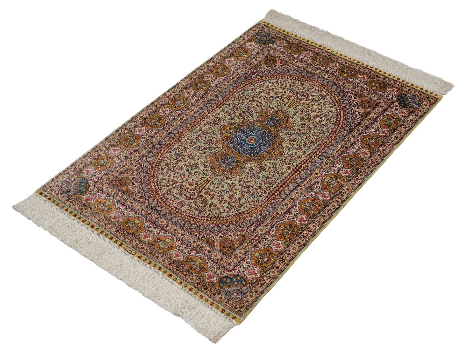 Extrem feiner, handgeknüpfter Khademi Orientteppich mit Nain Design aus purer Seide, gold, creme, blau. 93x62 cm. Vertrieb durch Jupiter Intl.
