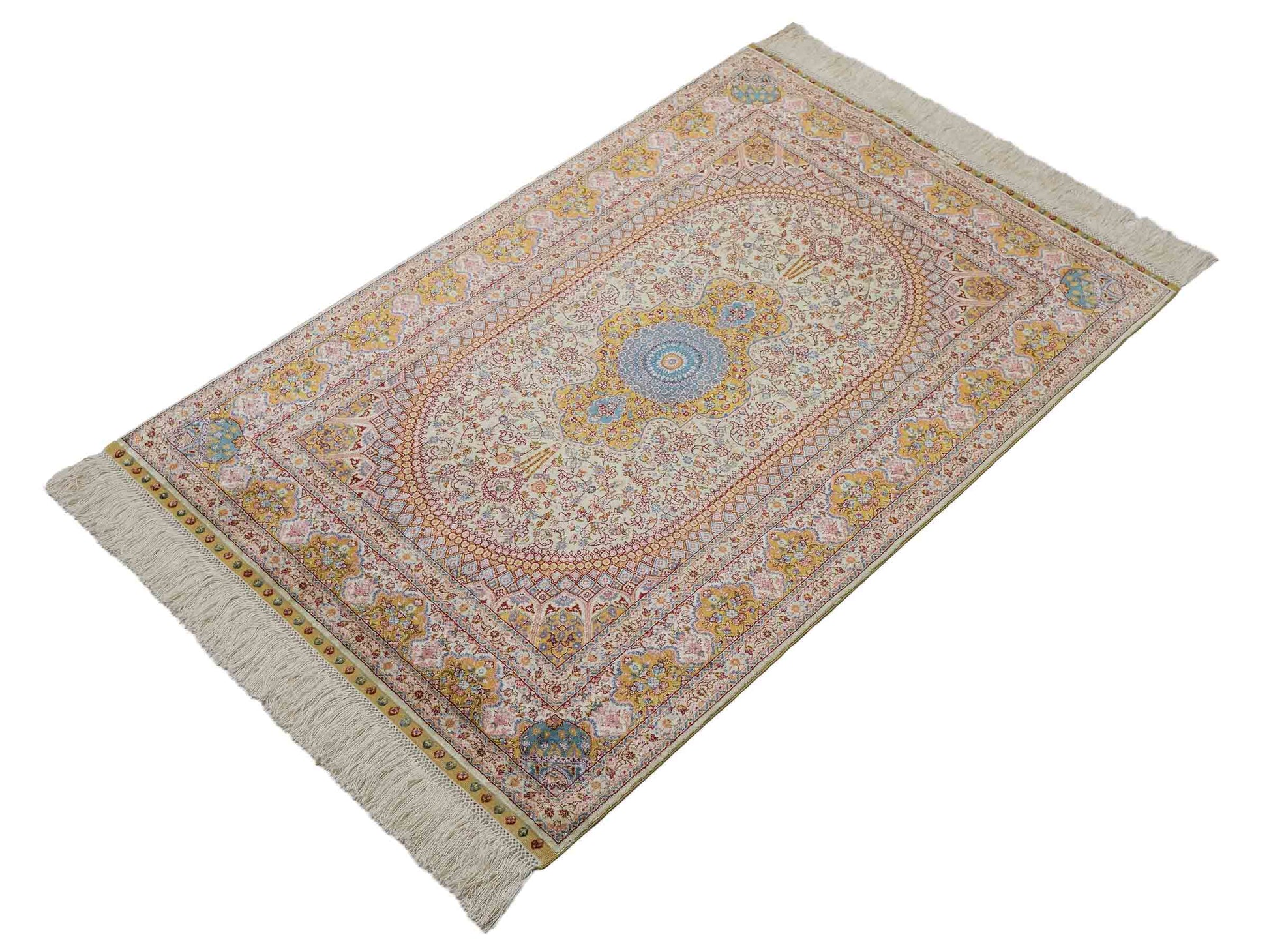 Extrem feiner, handgeknüpfter Khademi Orientteppich mit Nain Design aus purer Seide, gold, creme, blau. 93x62 cm. Vertrieb durch Jupiter Intl.