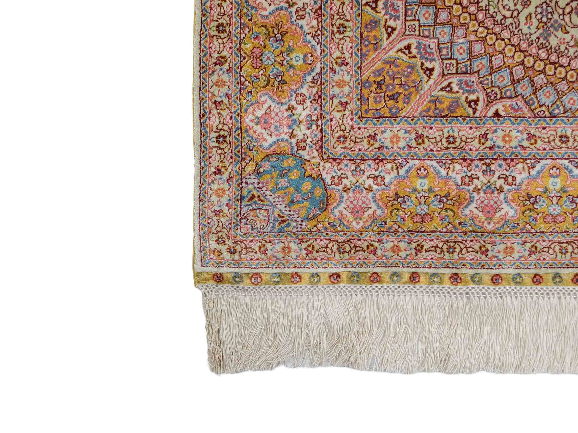 Extrem feiner, handgeknüpfter Khademi Orientteppich mit Nain Design aus purer Seide, gold, creme, blau. 93x62 cm. Vertrieb durch Jupiter Intl.