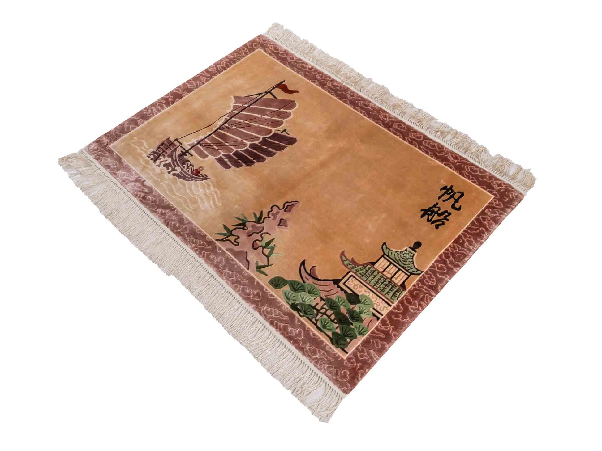 Handgeknüpfter Peking Seidenteppich / Wandteppich von Khademi aus Seide, beige mit Bildmotiv. Feiner, chinesischer Teppich mit Lebensbaum. Orientteppich, geknüpft in China. Größe: 122 x 79 cm. Teppichnummer: SB3-1101 | Jupiter Intl
