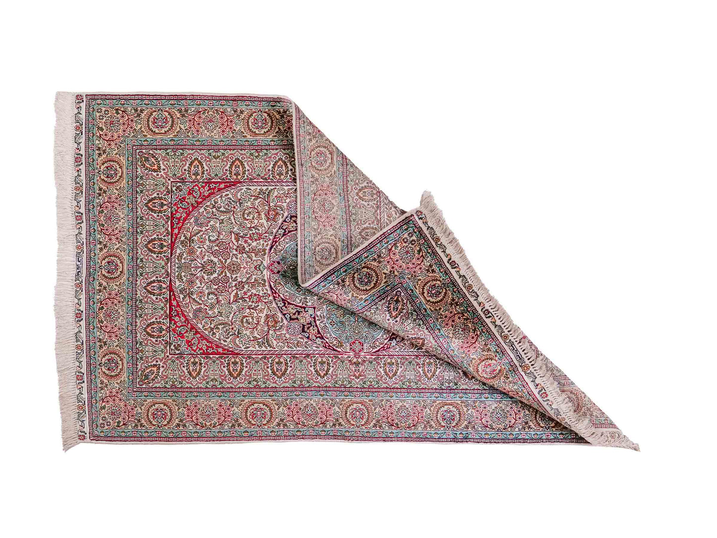 Handgeknüpfter Sino Hereke Seidenteppich von Khademi aus Seide, cremeweiß-mehrfarbig. Chinesischer Teppich mit Medaillon. Orientteppich, von Hand geknüpft in China. Größe: 156 cm x 97 cm. Teppichnummer: SB3-1104. Verkauf durch Jupiter Intl.