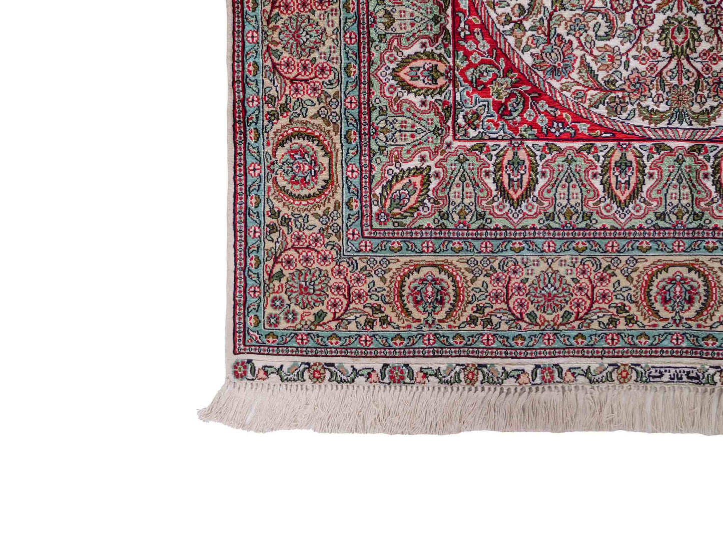 Handgeknüpfter Sino Hereke Seidenteppich von Khademi aus Seide, cremeweiß-mehrfarbig. Chinesischer Teppich mit Medaillon. Orientteppich, von Hand geknüpft in China. Größe: 156 cm x 97 cm. Teppichnummer: SB3-1104. Verkauf durch Jupiter Intl.