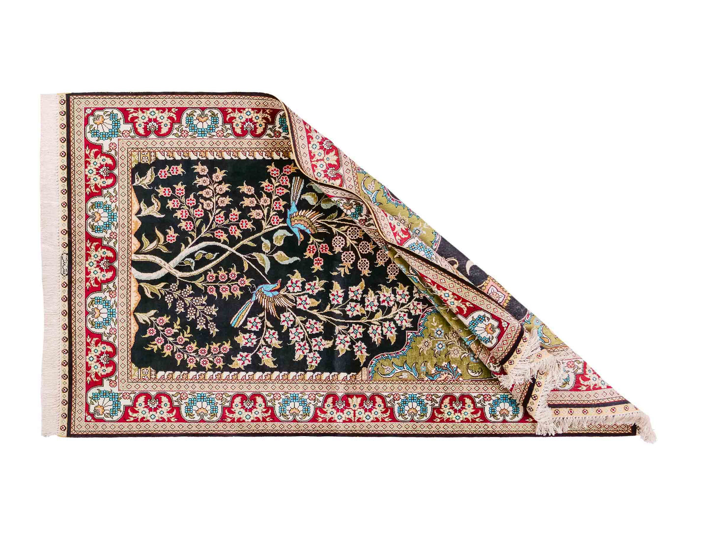 Handgeknüpfter Sino Hereke Seidenteppich von Khademi aus reiner Seide, schwarz-rot Feiner, chinesischer Teppich mit Lebensbaum, signiert. Orientteppich, geknüpft in China. Größe: 160 x 95 cm. Teppichnummer: SB3-1090 | Jupiter Intl