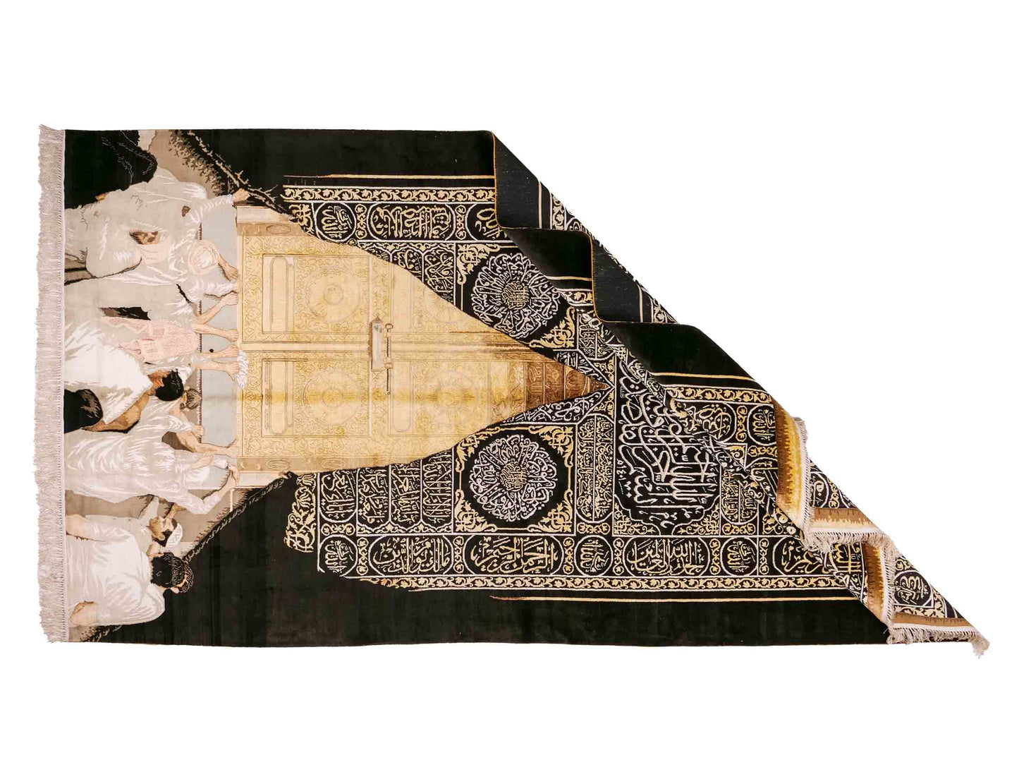 Handgeknüpfter Sino Hereke Seidenteppich von Khademi aus reiner Seide, schwarz-gold. Feiner, chinesischer Teppich mit Bildmotiv, signiert. Orientteppich, geknüpft in China. Größe: 250 x 150 cm. Teppichnummer: SB3-1080 | Jupiter Intl