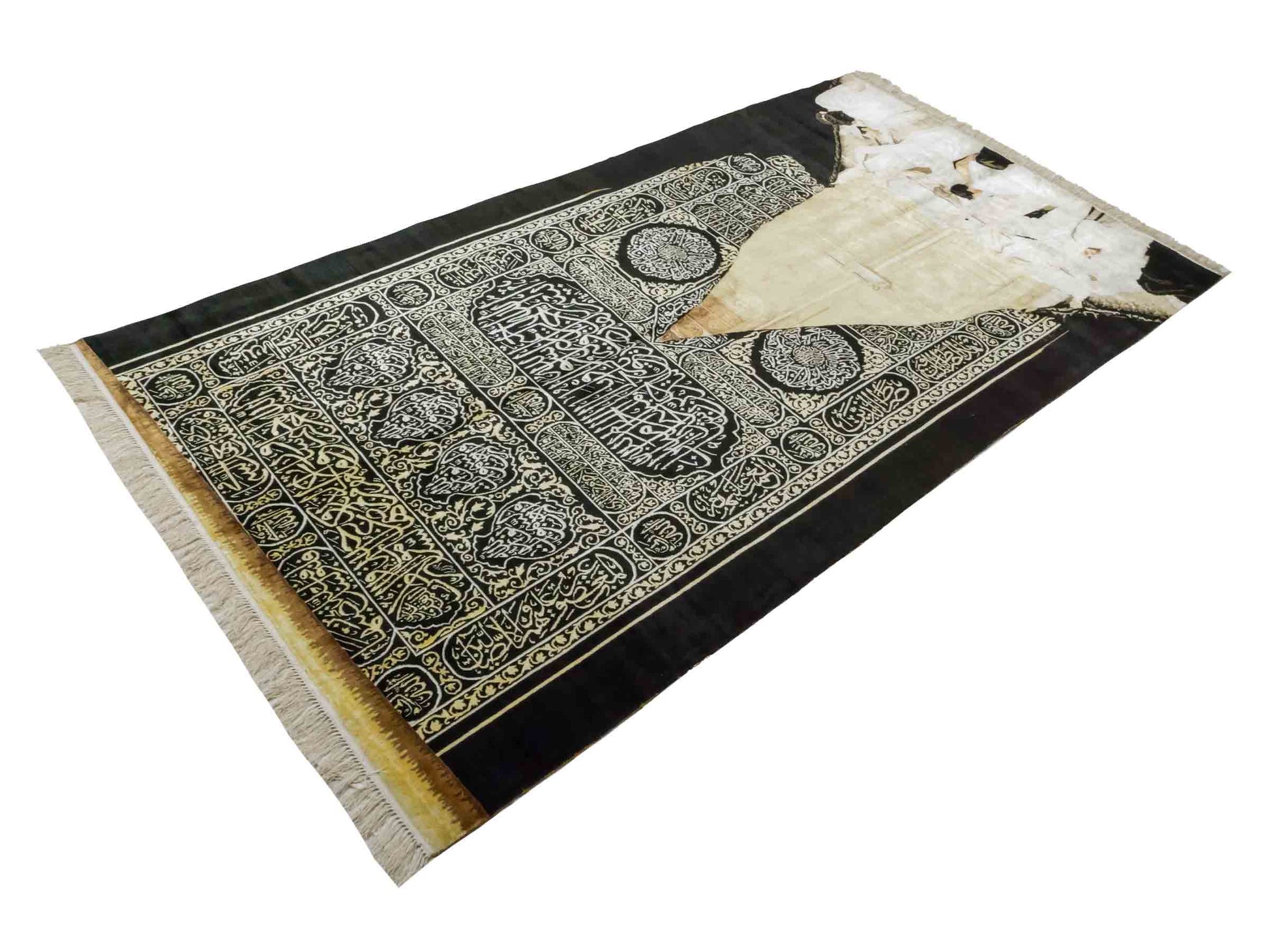 Handgeknüpfter Sino Hereke Seidenteppich von Khademi aus reiner Seide, schwarz-gold. Feiner, chinesischer Teppich mit Bildmotiv, signiert. Orientteppich, geknüpft in China. Größe: 250 x 150 cm. Teppichnummer: SB3-1080 | Jupiter Intl
