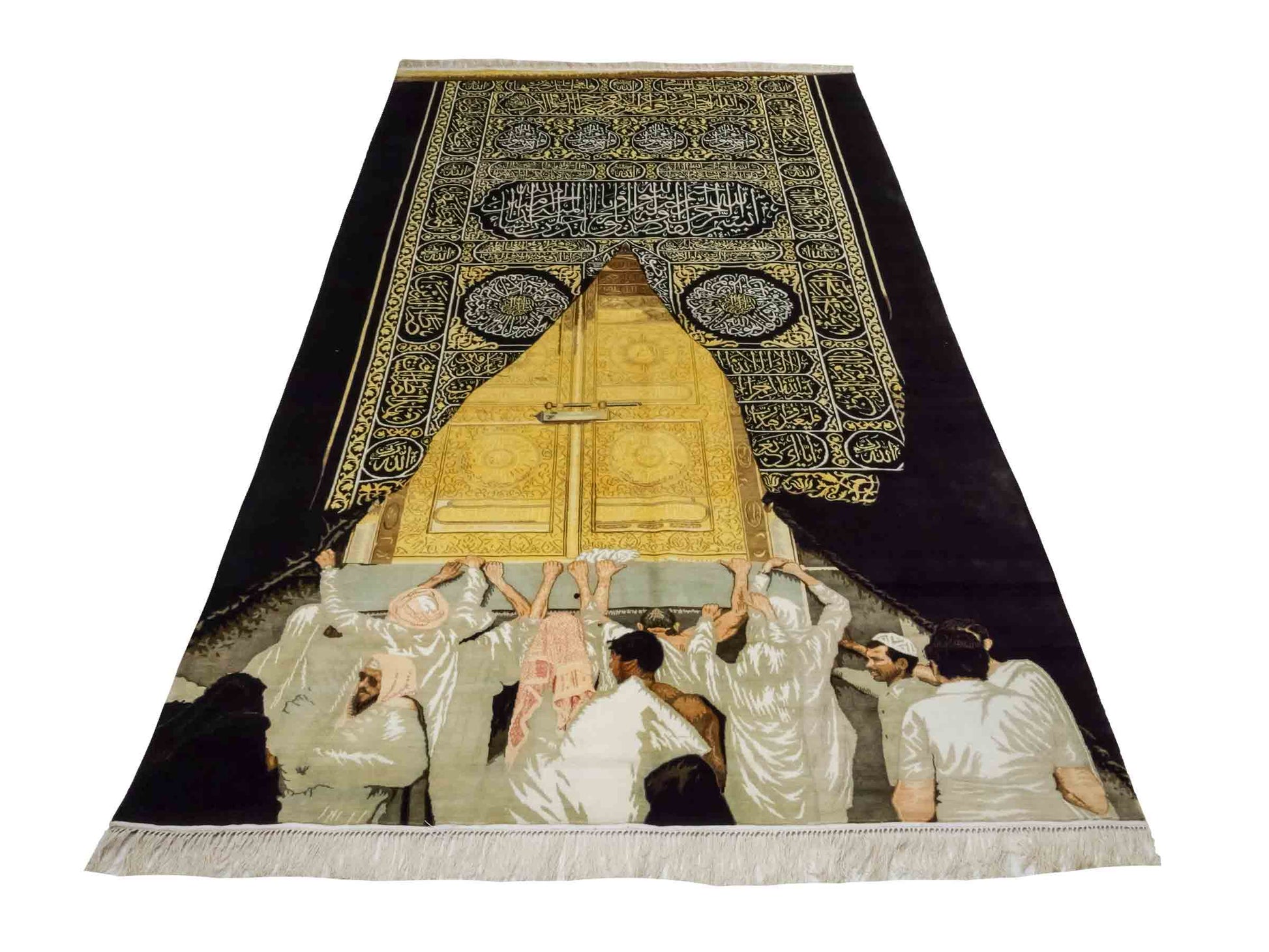 Handgeknüpfter Sino Hereke Seidenteppich von Khademi aus reiner Seide, schwarz-gold. Feiner, chinesischer Teppich mit Bildmotiv, signiert. Orientteppich, geknüpft in China. Größe: 250 x 150 cm. Teppichnummer: SB3-1080 | Jupiter Intl