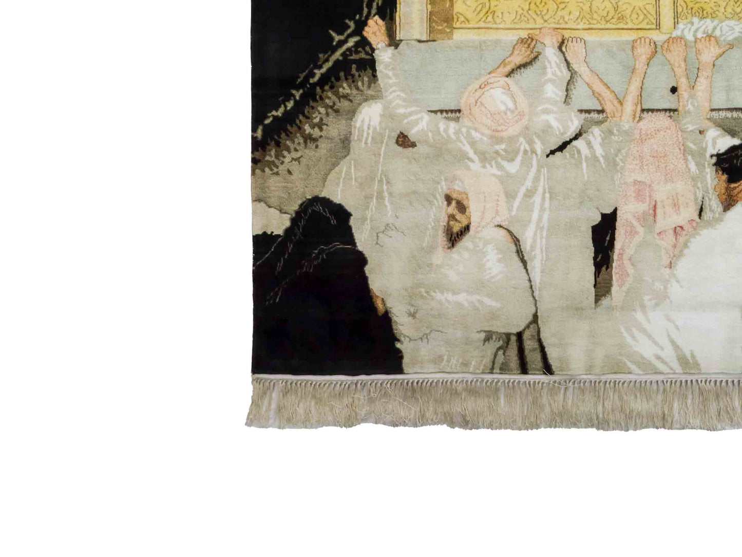 Handgeknüpfter Sino Hereke Seidenteppich von Khademi aus reiner Seide, schwarz-gold. Feiner, chinesischer Teppich mit Bildmotiv, signiert. Orientteppich, geknüpft in China. Größe: 250 x 150 cm. Teppichnummer: SB3-1080 | Jupiter Intl