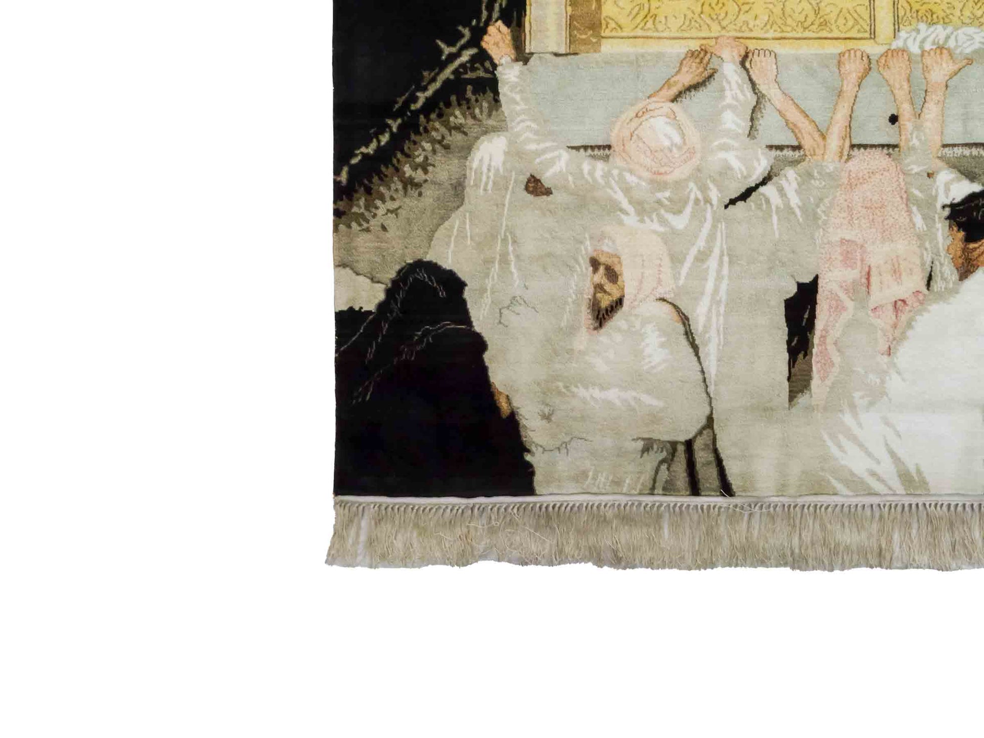 Handgeknüpfter Sino Hereke Seidenteppich von Khademi aus reiner Seide, schwarz-gold. Feiner, chinesischer Teppich mit Bildmotiv, signiert. Orientteppich, geknüpft in China. Größe: 250 x 150 cm. Teppichnummer: SB3-1080 | Jupiter Intl