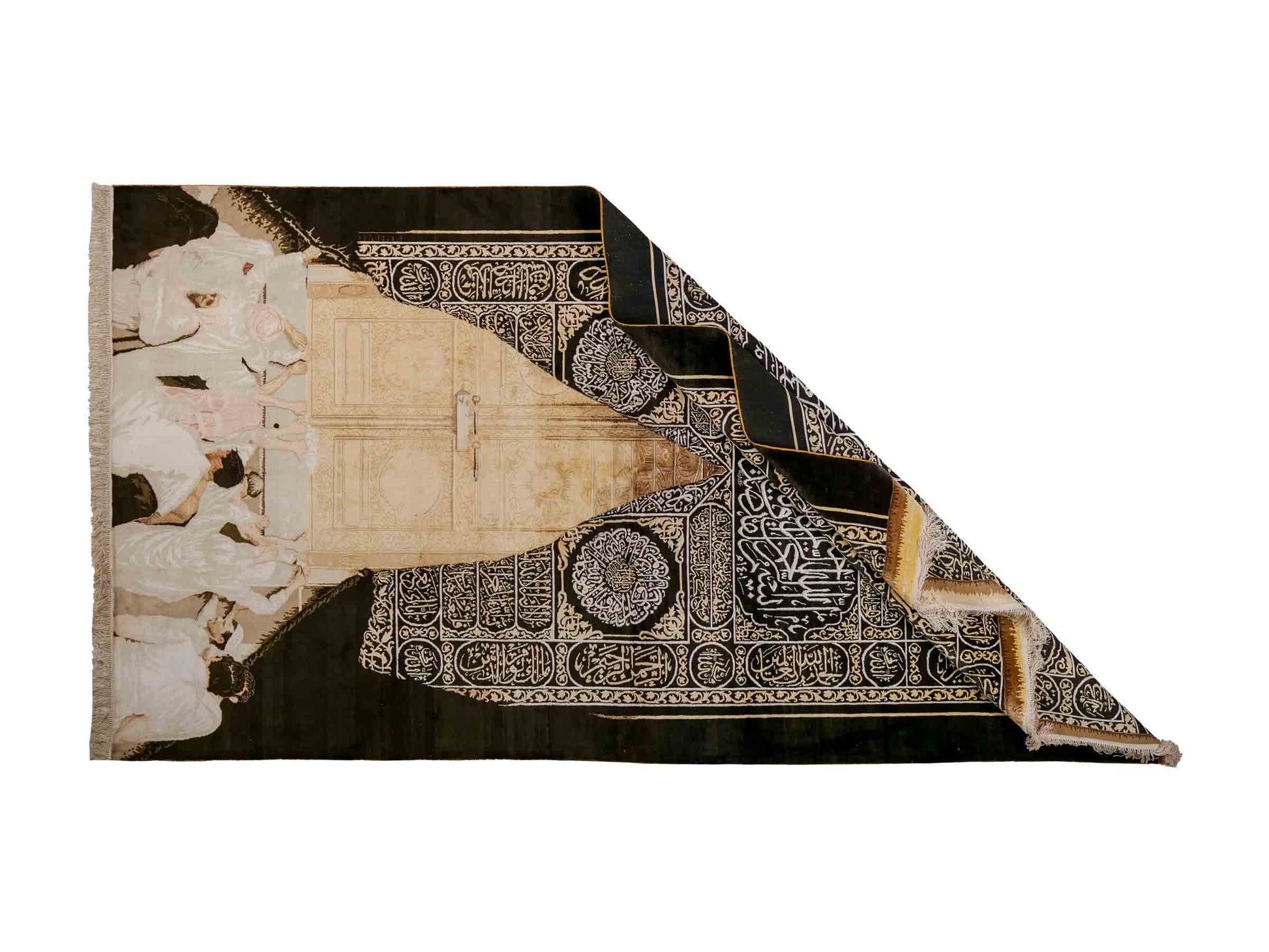 Handgeknüpfter Sino Hereke Seidenteppich von Khademi aus reiner Seide, schwarz-gold. Feiner, chinesischer Teppich mit Bildmotiv, signiert. Orientteppich, geknüpft in China. Größe: 250 x 150 cm. Teppichnummer: SB3-1083 | Jupiter Intl