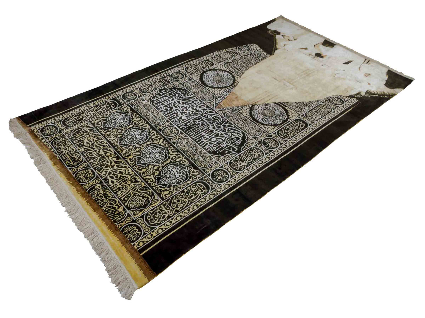 Handgeknüpfter Sino Hereke Seidenteppich von Khademi aus reiner Seide, schwarz-gold. Feiner, chinesischer Teppich mit Bildmotiv, signiert. Orientteppich, geknüpft in China. Größe: 250 x 150 cm. Teppichnummer: SB3-1083 | Jupiter Intl