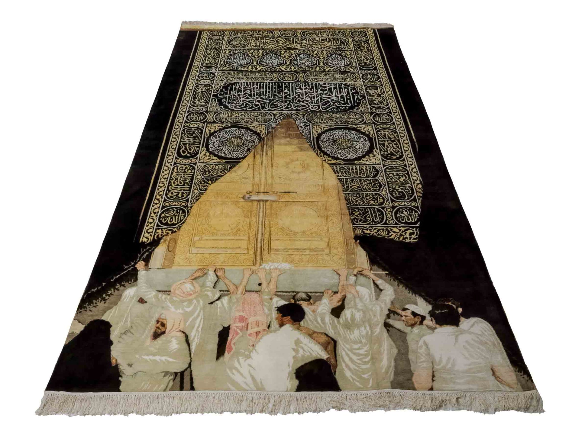 Handgeknüpfter Sino Hereke Seidenteppich von Khademi aus reiner Seide, schwarz-gold. Feiner, chinesischer Teppich mit Bildmotiv, signiert. Orientteppich, geknüpft in China. Größe: 250 x 150 cm. Teppichnummer: SB3-1083 | Jupiter Intl