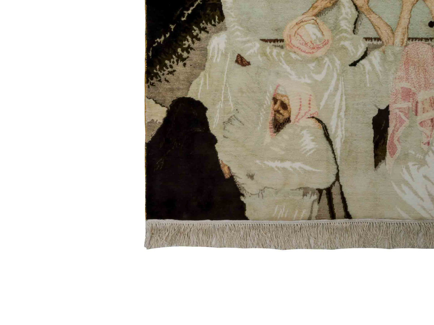 Handgeknüpfter Sino Hereke Seidenteppich von Khademi aus reiner Seide, schwarz-gold. Feiner, chinesischer Teppich mit Bildmotiv, signiert. Orientteppich, geknüpft in China. Größe: 250 x 150 cm. Teppichnummer: SB3-1083 | Jupiter Intl