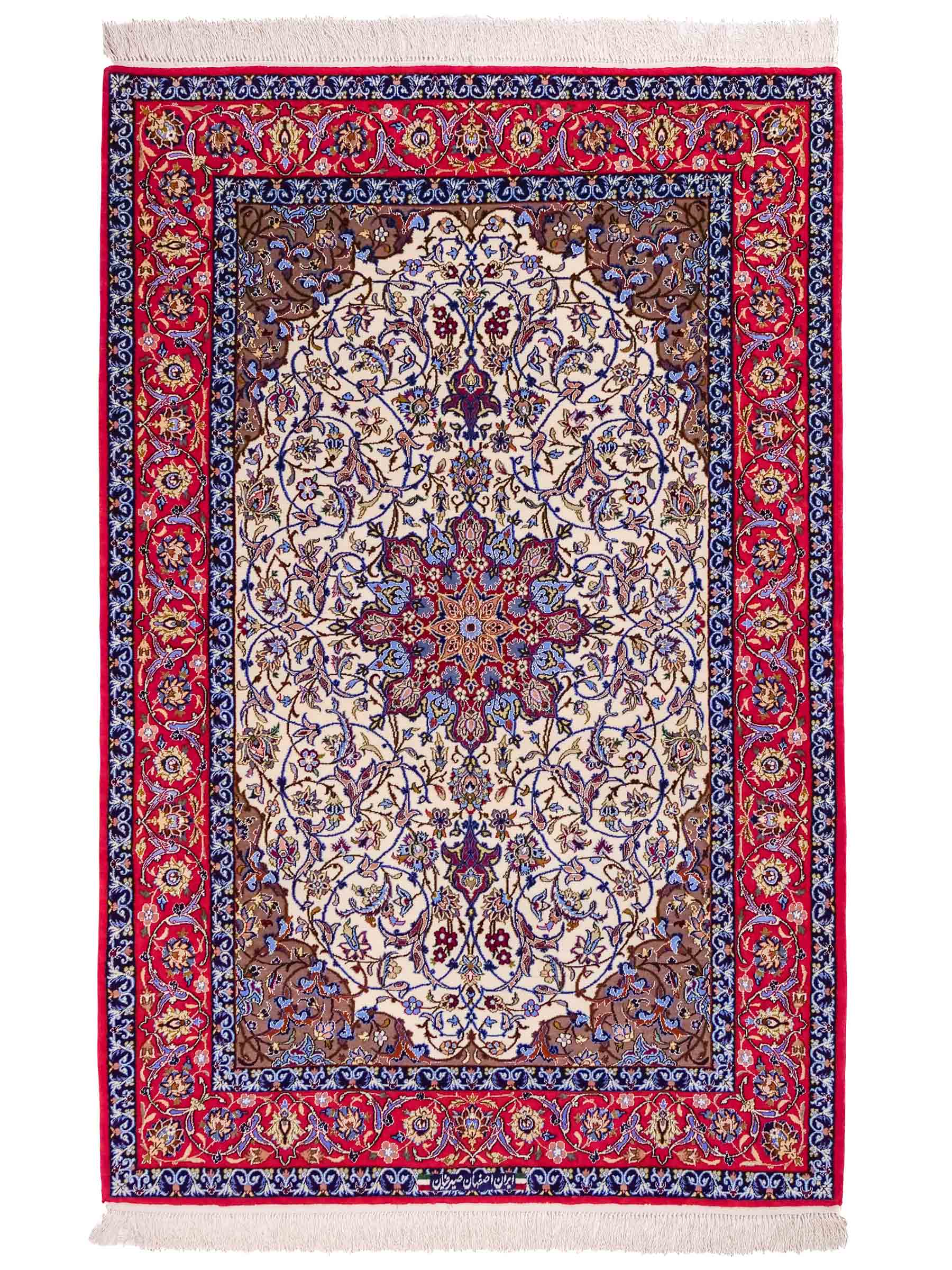 Handgeknüpfter Seyrafian Isfahan Perserteppich von Khademi aus Wolle mit Seide, rot, cremeweiß. Feiner, persischer Teppich mit Medaillon, signiert. Orientteppich, geknüpft in Iran. Größe: 171 cm x 113 cm. Teppichnummer: DB3-1003 Jupiter Intl.