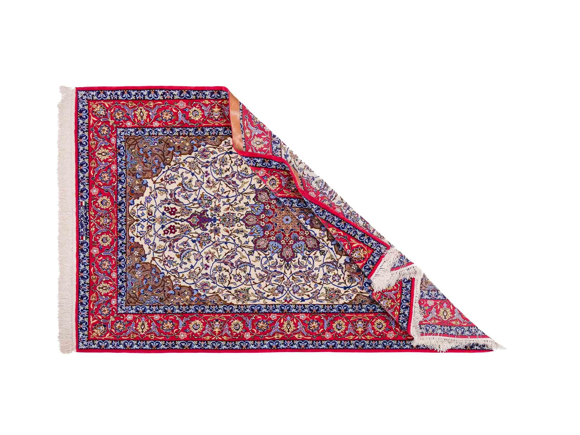Handgeknüpfter Seyrafian Isfahan Perserteppich von Khademi aus Wolle mit Seide, rot, cremeweiß. Feiner, persischer Teppich mit Medaillon, signiert. Orientteppich, geknüpft in Iran. Größe: 171 cm x 113 cm. Teppichnummer: DB3-1003 Jupiter Intl.