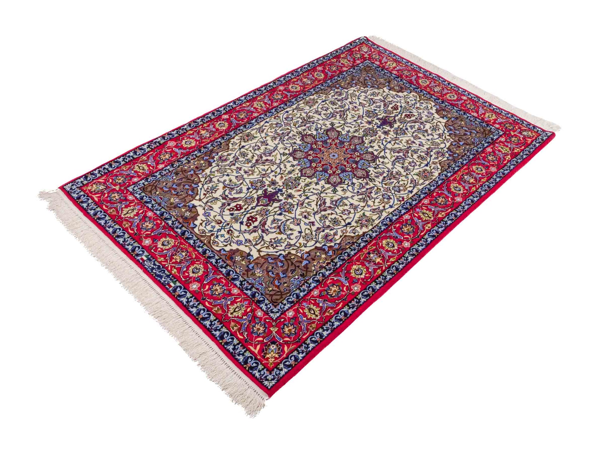 Handgeknüpfter Seyrafian Isfahan Perserteppich von Khademi aus Wolle mit Seide, rot, cremeweiß. Feiner, persischer Teppich mit Medaillon, signiert. Orientteppich, geknüpft in Iran. Größe: 171 cm x 113 cm. Teppichnummer: DB3-1003 Jupiter Intl.