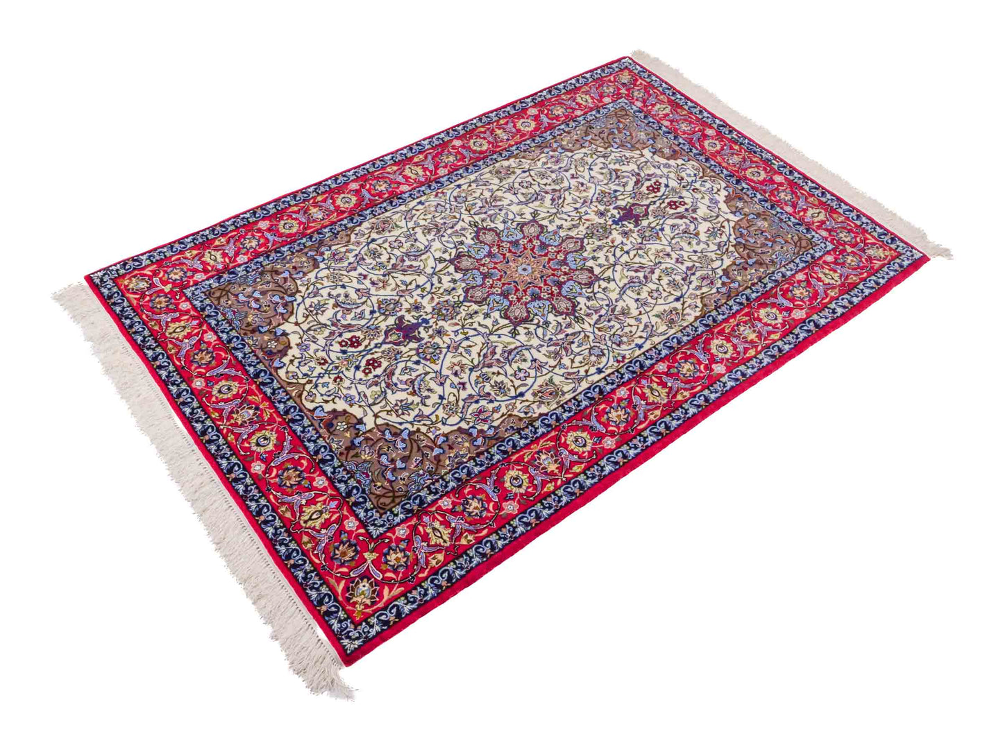 Handgeknüpfter Seyrafian Isfahan Perserteppich von Khademi aus Wolle mit Seide, rot, cremeweiß. Feiner, persischer Teppich mit Medaillon, signiert. Orientteppich, geknüpft in Iran. Größe: 171 cm x 113 cm. Teppichnummer: DB3-1003 Jupiter Intl.