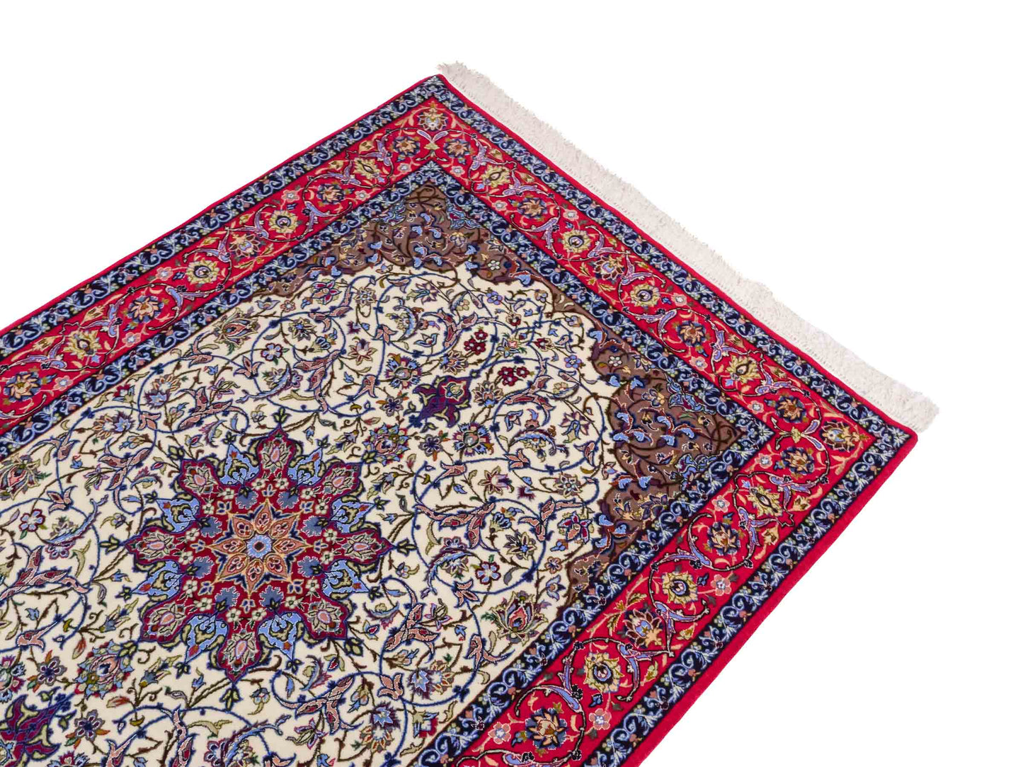 Handgeknüpfter Seyrafian Isfahan Perserteppich von Khademi aus Wolle mit Seide, rot, cremeweiß. Feiner, persischer Teppich mit Medaillon, signiert. Orientteppich, geknüpft in Iran. Größe: 171 cm x 113 cm. Teppichnummer: DB3-1003 Jupiter Intl.