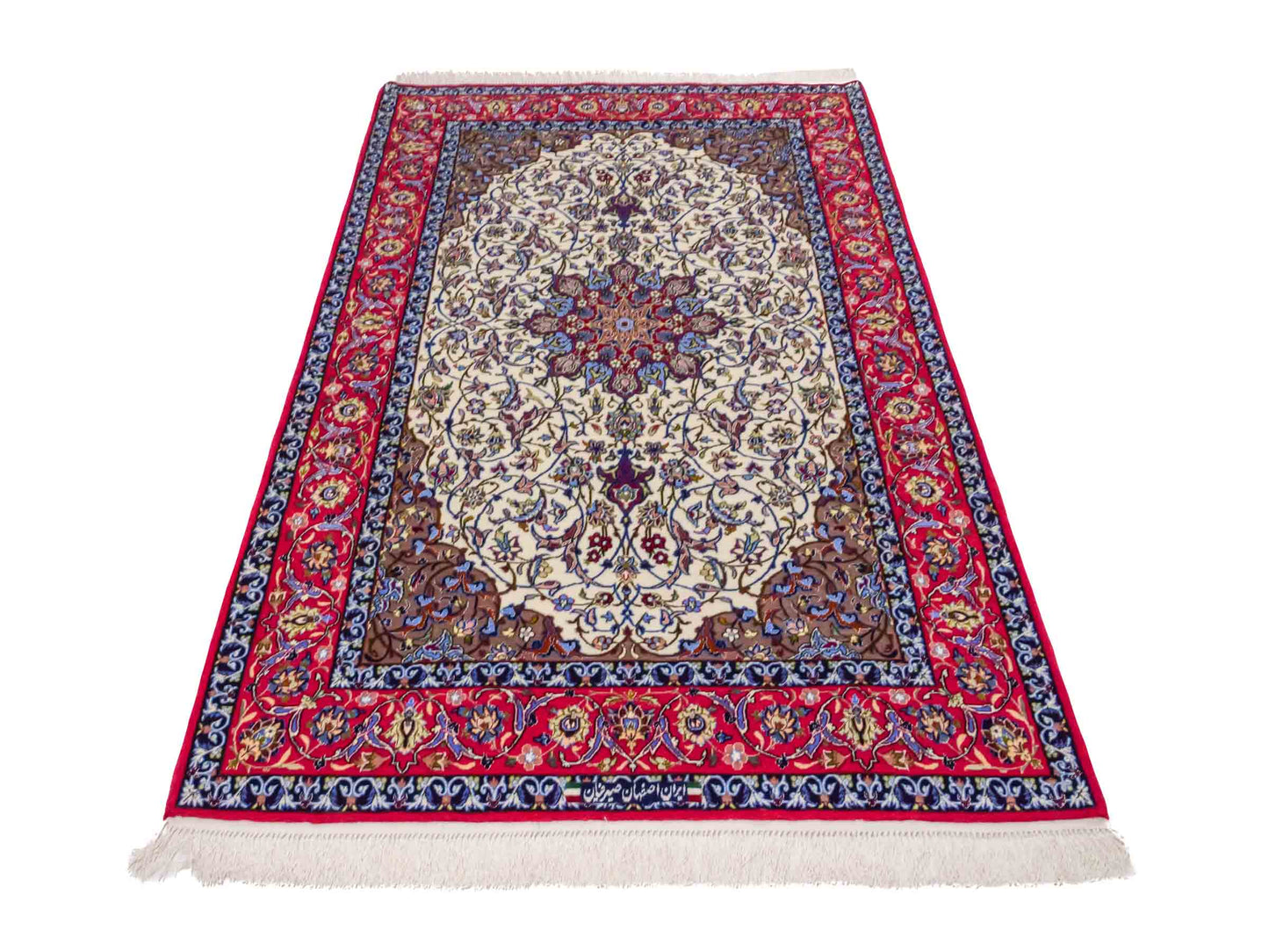 Handgeknüpfter Seyrafian Isfahan Perserteppich von Khademi aus Wolle mit Seide, rot, cremeweiß. Feiner, persischer Teppich mit Medaillon, signiert. Orientteppich, geknüpft in Iran. Größe: 171 cm x 113 cm. Teppichnummer: DB3-1003 Jupiter Intl.