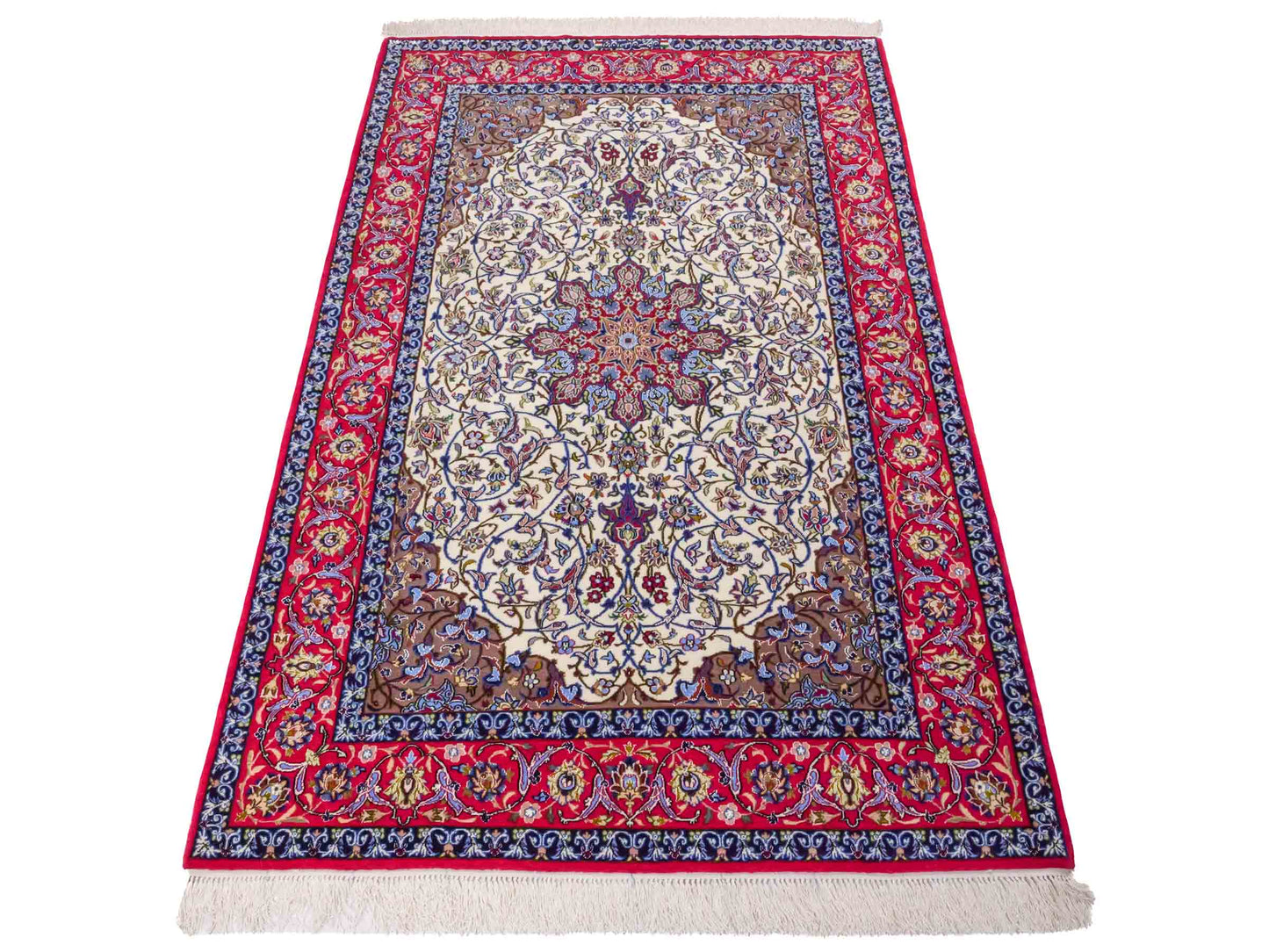 Handgeknüpfter Seyrafian Isfahan Perserteppich von Khademi aus Wolle mit Seide, rot, cremeweiß. Feiner, persischer Teppich mit Medaillon, signiert. Orientteppich, geknüpft in Iran. Größe: 171 cm x 113 cm. Teppichnummer: DB3-1003 Jupiter Intl.
