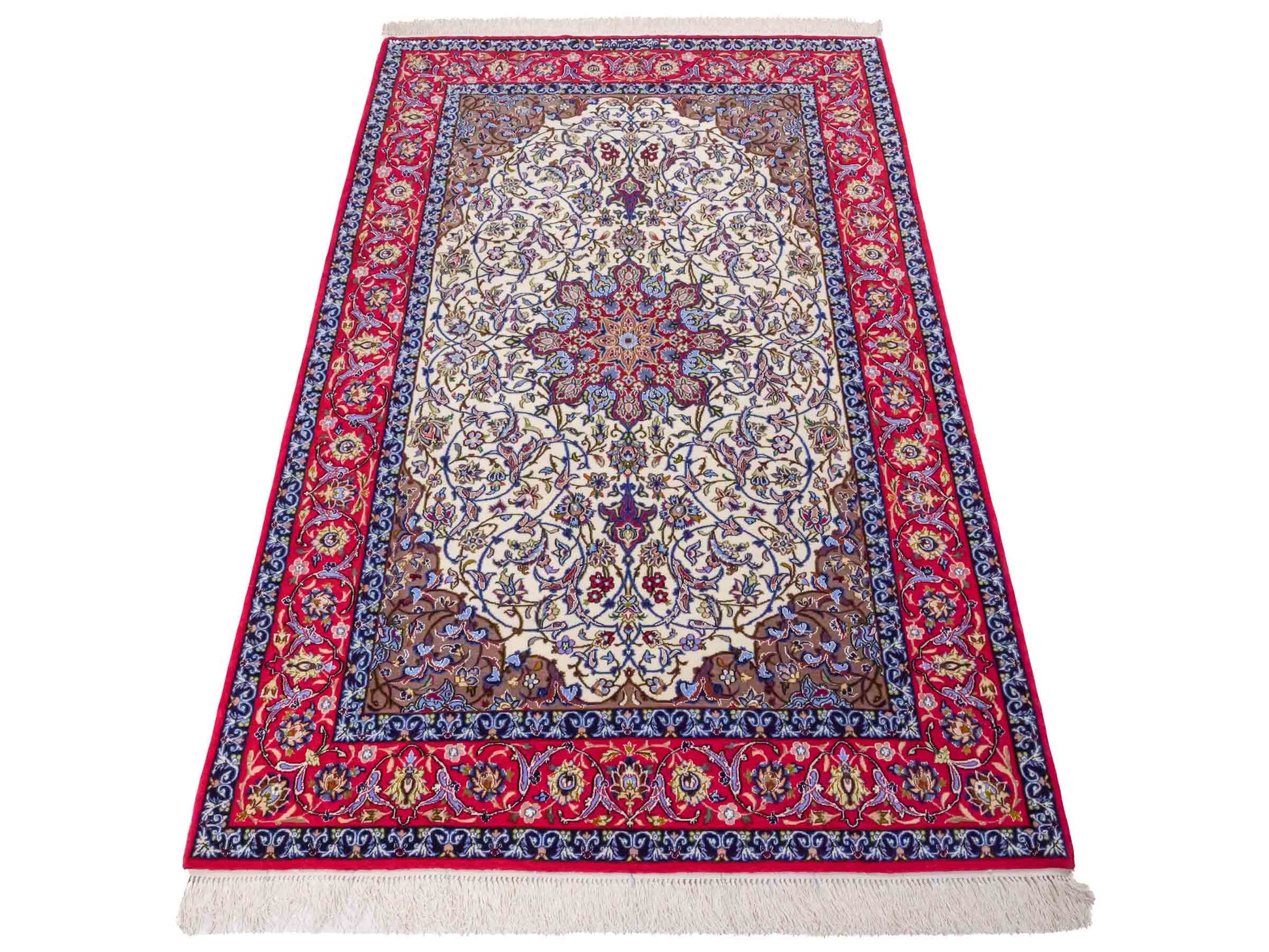 Handgeknüpfter Seyrafian Isfahan Perserteppich von Khademi aus Wolle mit Seide, rot, cremeweiß. Feiner, persischer Teppich mit Medaillon, signiert. Orientteppich, geknüpft in Iran. Größe: 171 cm x 113 cm. Teppichnummer: DB3-1003 Jupiter Intl.