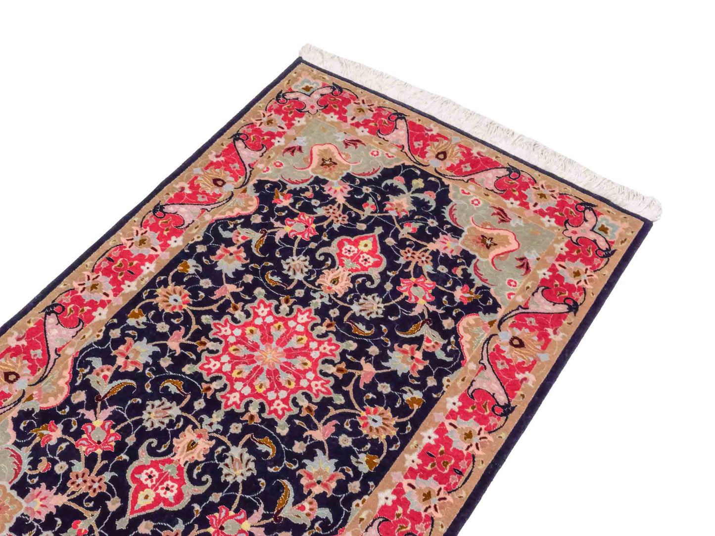 Feiner, handgeknüpfter Täbriz 50 Raj Perserteppich von Khademi aus Wolle mit Seide, navy-blau-rot. Persischer Orientteppich. Von Hand geknüpft in Iran. Größe: 122 cm x 75 cm. Teppichnummer: SB3-1102. Verkauf durch Jupiter Intl.
