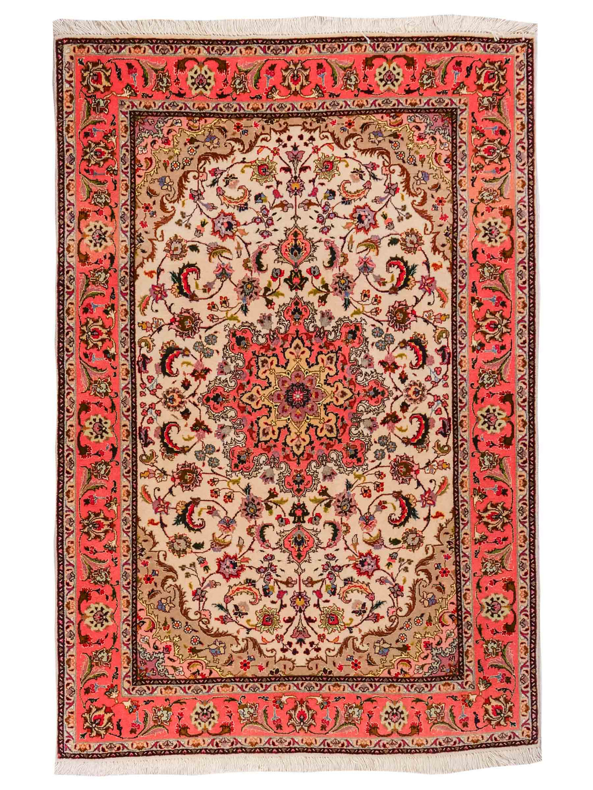 Feiner, handgeknüpfter Täbriz 50 Raj Perserteppich von Khademi aus Wolle mit Seide, cremeweiß-orange. Persischer Orientteppich. Von Hand geknüpft in Iran. Größe: 147 cm x 102 cm. Teppichnummer: SB3-1143. Verkauf durch Jupiter Intl.