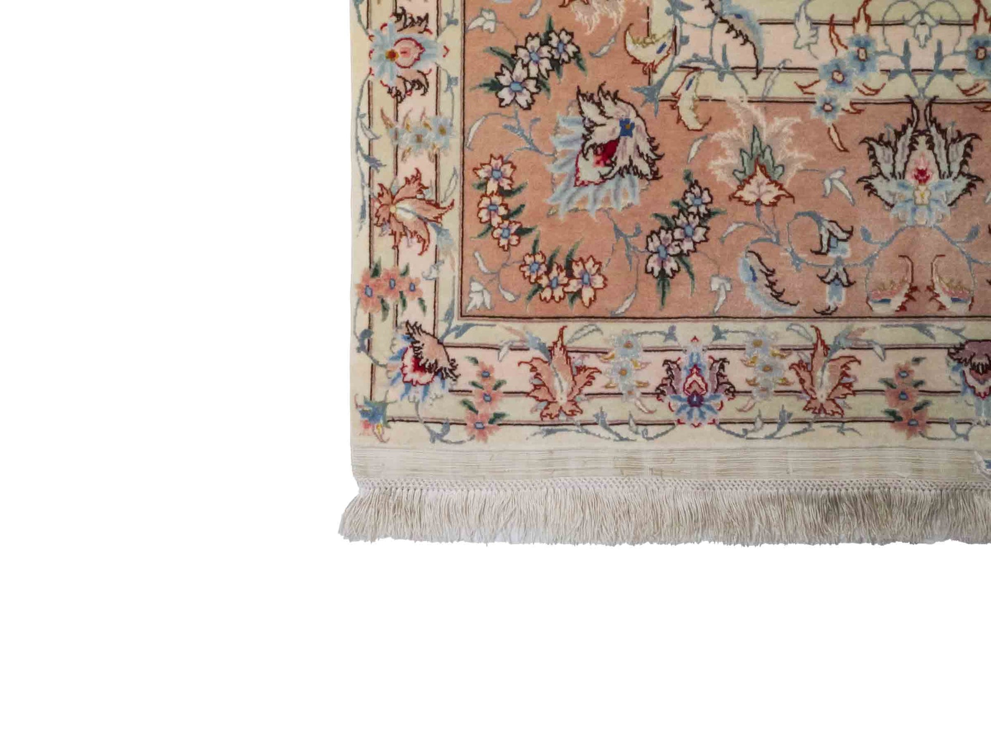 Handgeknüpfter Täbriz 50 Raj Perserteppich von Khademi mit Signatur aus Wolle mit Seide, creme, rosa. Klassisches Medaillon-Design. Von Hand geknüpft in Iran / Persien. Größe: 350 cm x 250 cm. Teppichnummer: RB3-1074. Verkauf durch Jupiter Intl.
