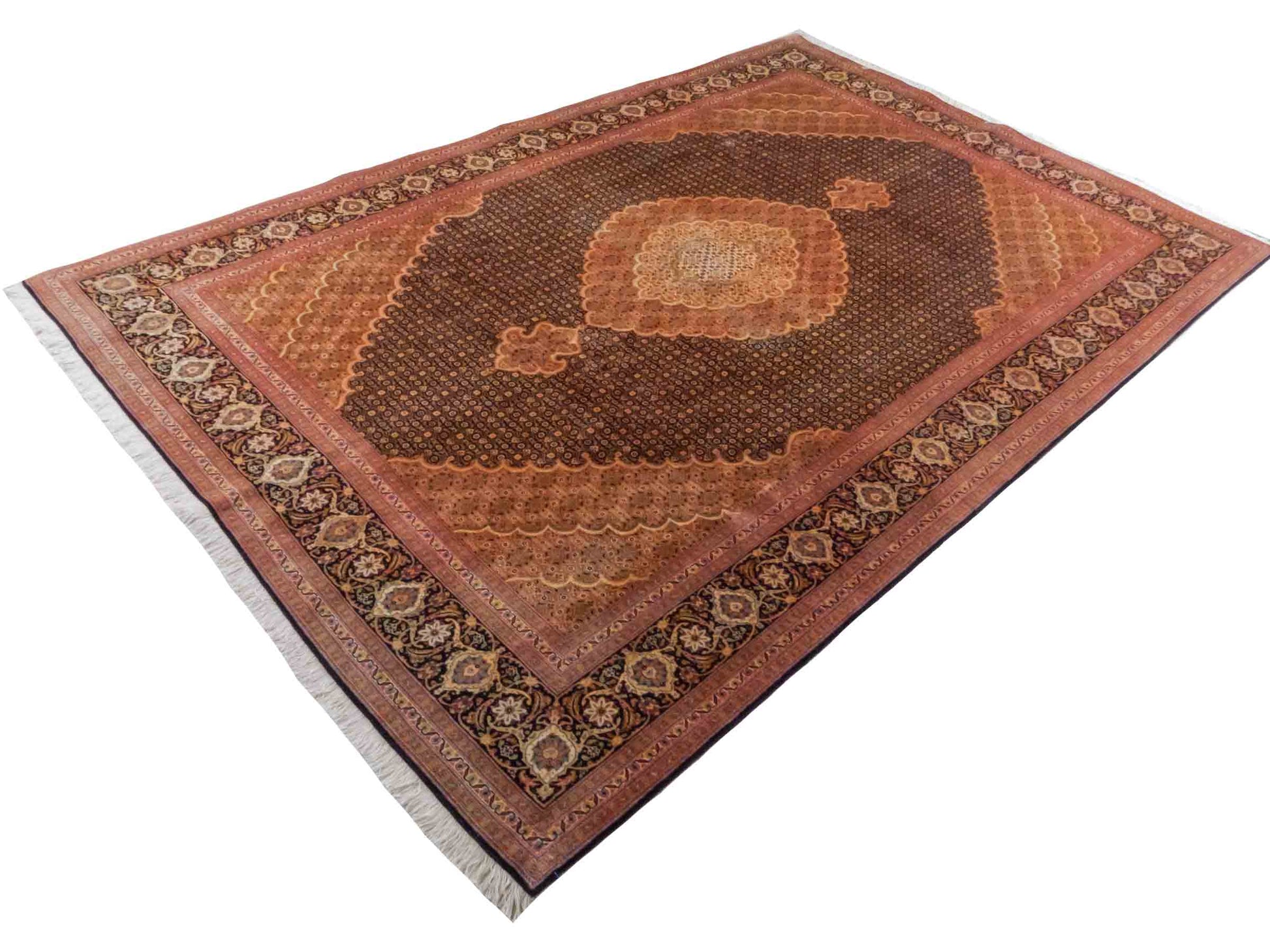 Handgeknüpfter Täbriz Mahi 50 Raj Perserteppich von Khademi aus Wolle, orange, navy. Klassisches Medaillon-Design. Traditionell von Hand geknüpft in Iran / Persien. Größe: 295 cm x 200 cm. Teppichnummer: RB3-1075. Verkauf durch Jupiter Intl.