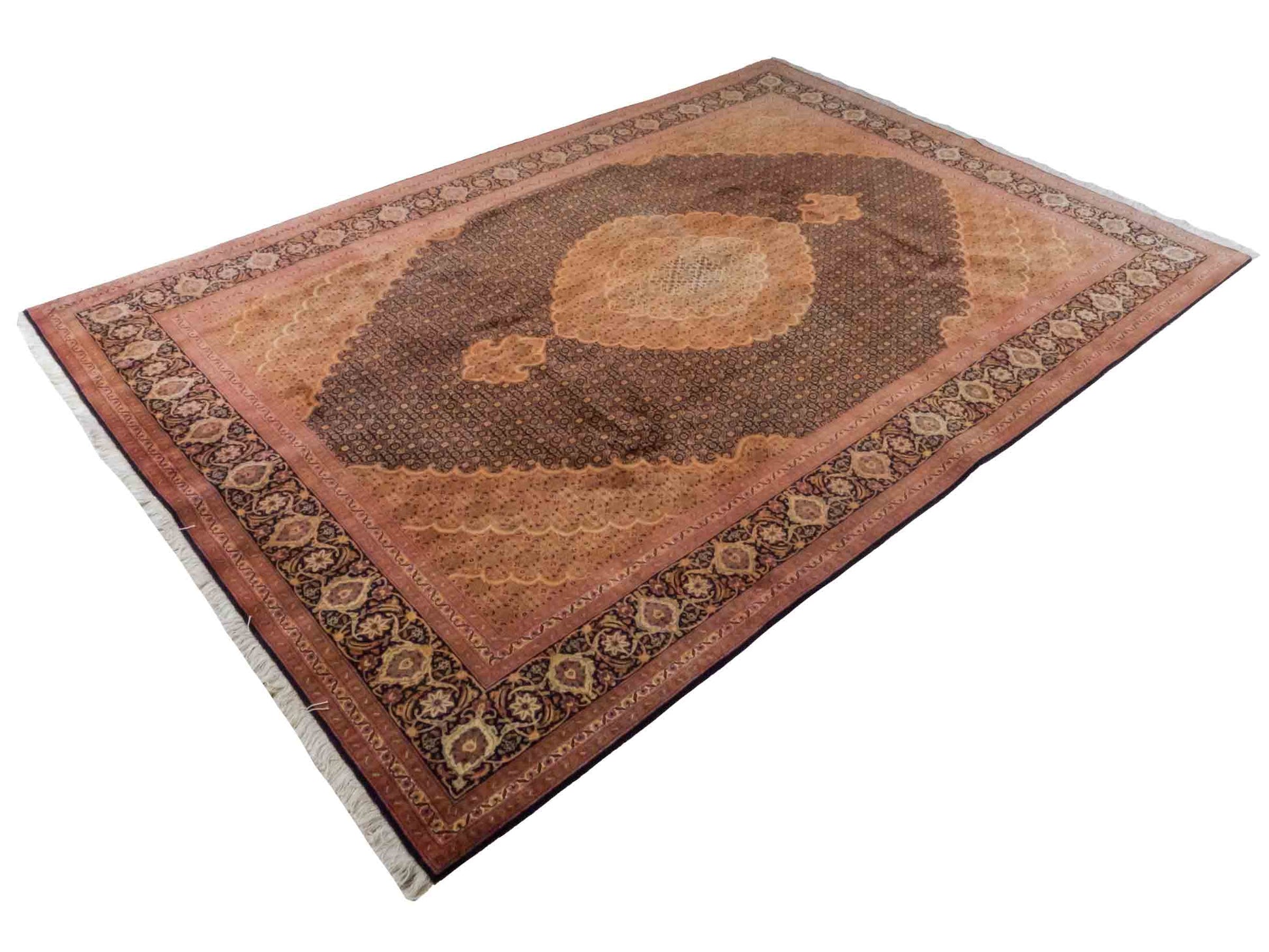 Handgeknüpfter Täbriz Mahi 50 Raj Perserteppich von Khademi aus Wolle, orange, navy. Klassisches Medaillon-Design. Traditionell von Hand geknüpft in Iran / Persien. Größe: 295 cm x 200 cm. Teppichnummer: RB3-1075. Verkauf durch Jupiter Intl.
