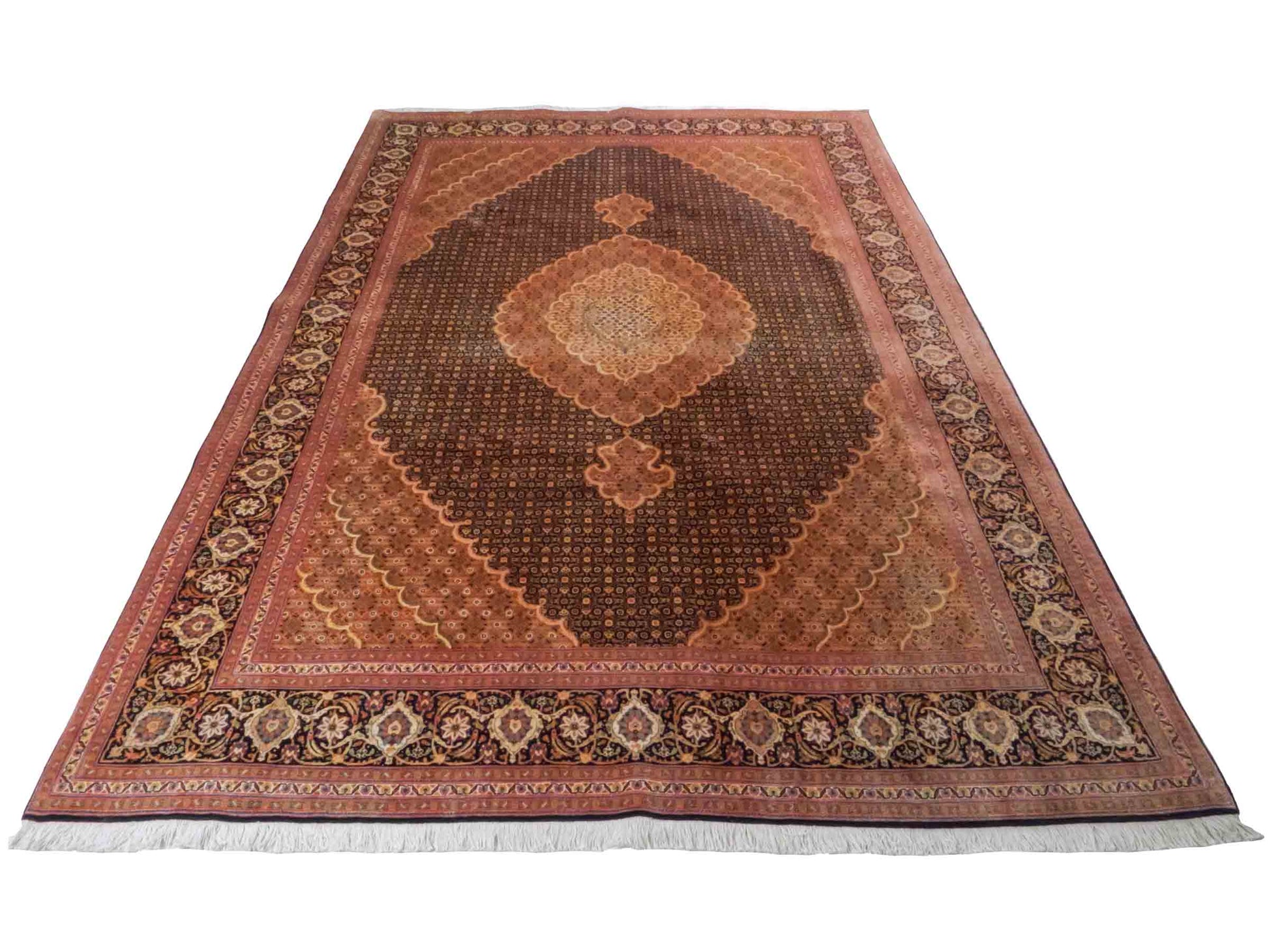 Handgeknüpfter Täbriz Mahi 50 Raj Perserteppich von Khademi aus Wolle, orange, navy. Klassisches Medaillon-Design. Traditionell von Hand geknüpft in Iran / Persien. Größe: 295 cm x 200 cm. Teppichnummer: RB3-1075. Verkauf durch Jupiter Intl.