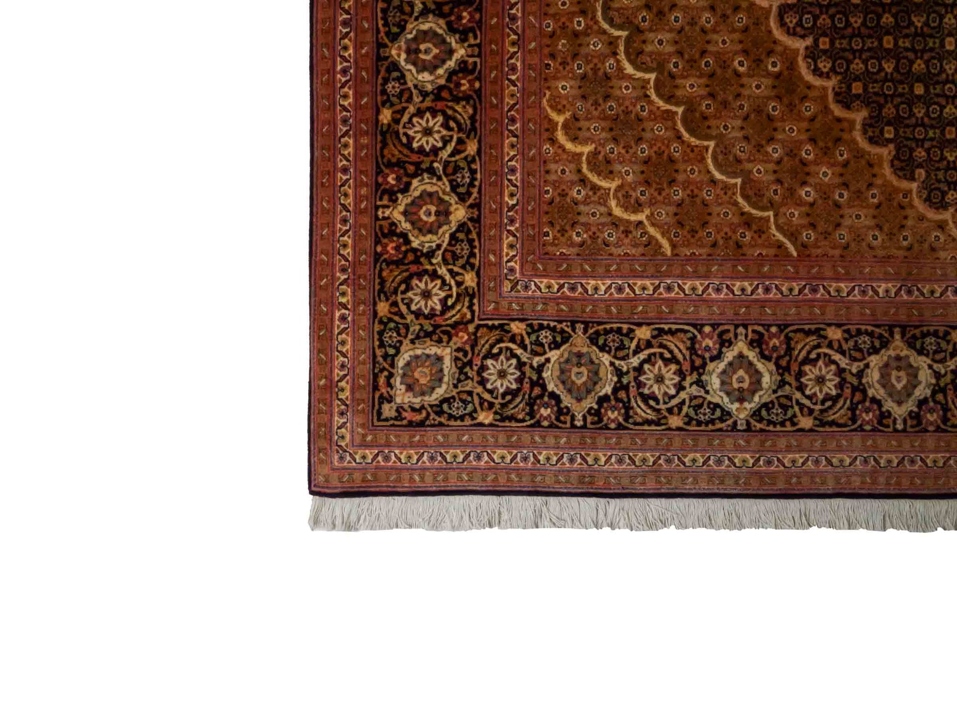 Handgeknüpfter Täbriz Mahi 50 Raj Perserteppich von Khademi aus Wolle, orange, navy. Klassisches Medaillon-Design. Traditionell von Hand geknüpft in Iran / Persien. Größe: 295 cm x 200 cm. Teppichnummer: RB3-1075. Verkauf durch Jupiter Intl.