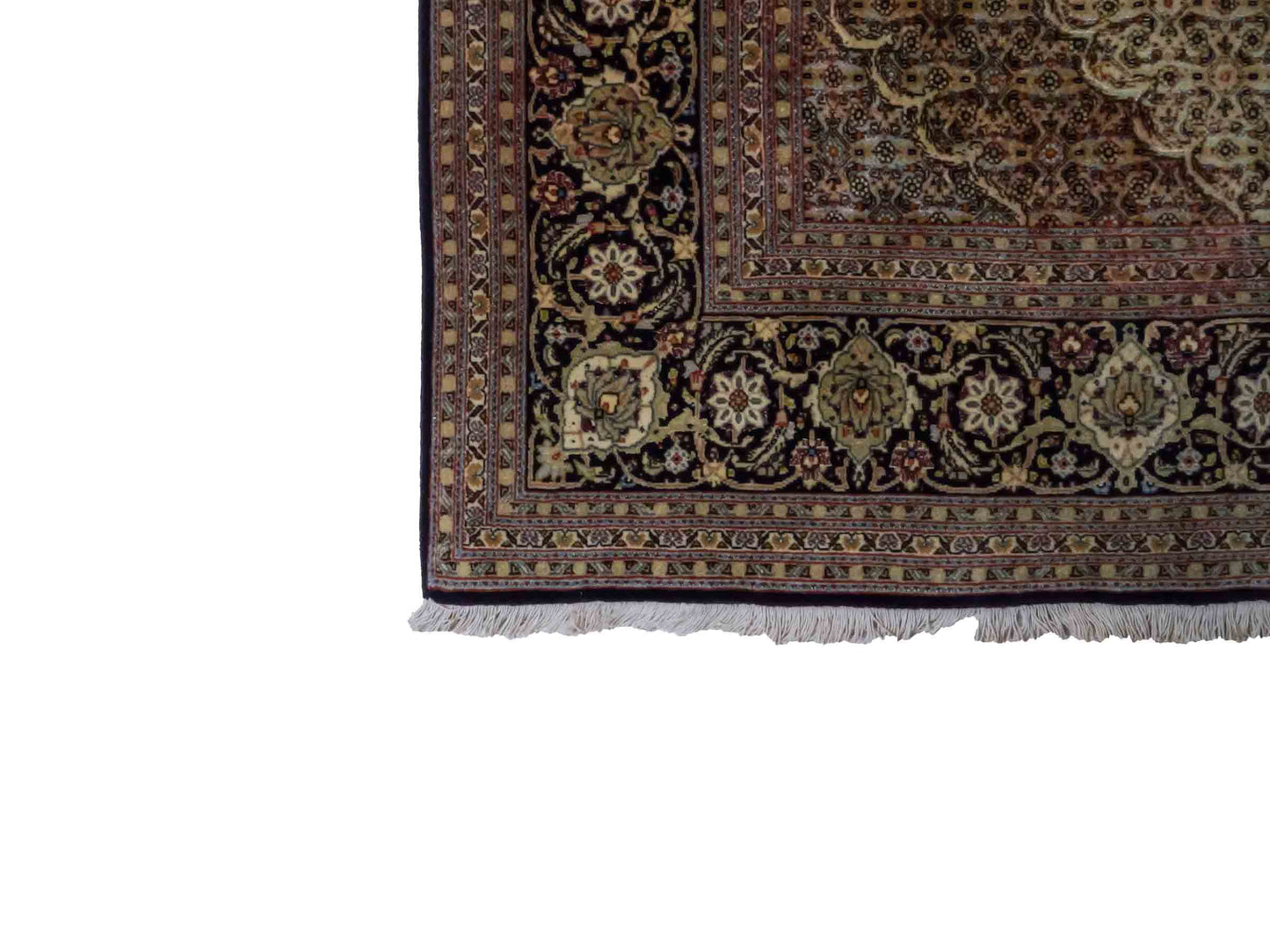 Handgeknüpfter Täbriz Mahi 50 Raj Perserteppich von Khademi aus Wolle, beige, navy. Klassisches Medaillon-Design. Traditionell von Hand geknüpft in Iran / Persien. Größe: 297 cm x 200 cm. Teppichnummer: RB3-1076. Verkauf durch Jupiter Intl.