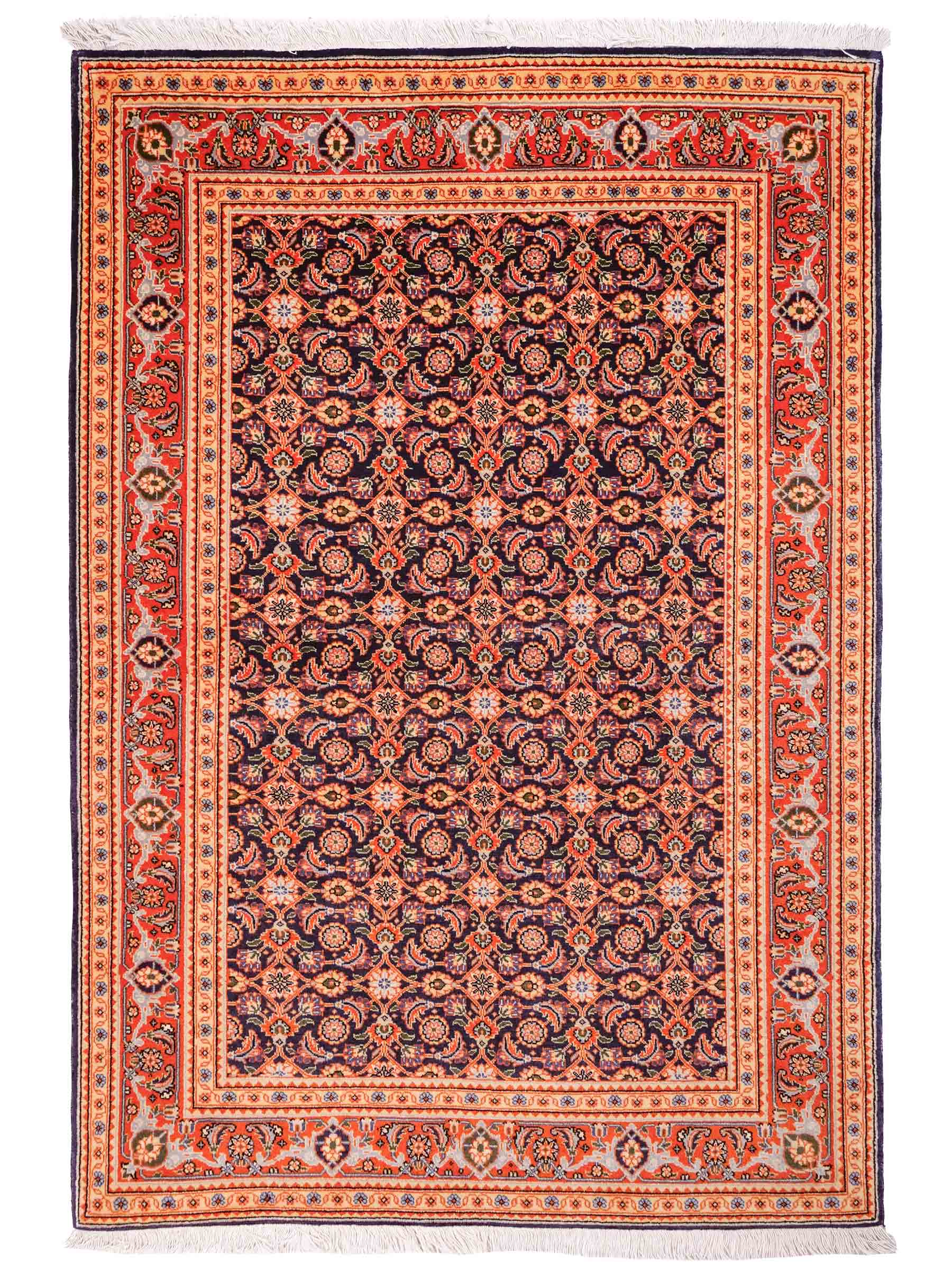 Handgeknüpfter Täbriz Mahi 40 Raj Perserteppich von Khademi aus Wolle, navy-orange. Persischer Orientteppich. Von Hand geknüpft in Iran. Größe: 149 cm x 104 cm. Teppichnummer: SB3-1057. Verkauf durch Jupiter Intl.