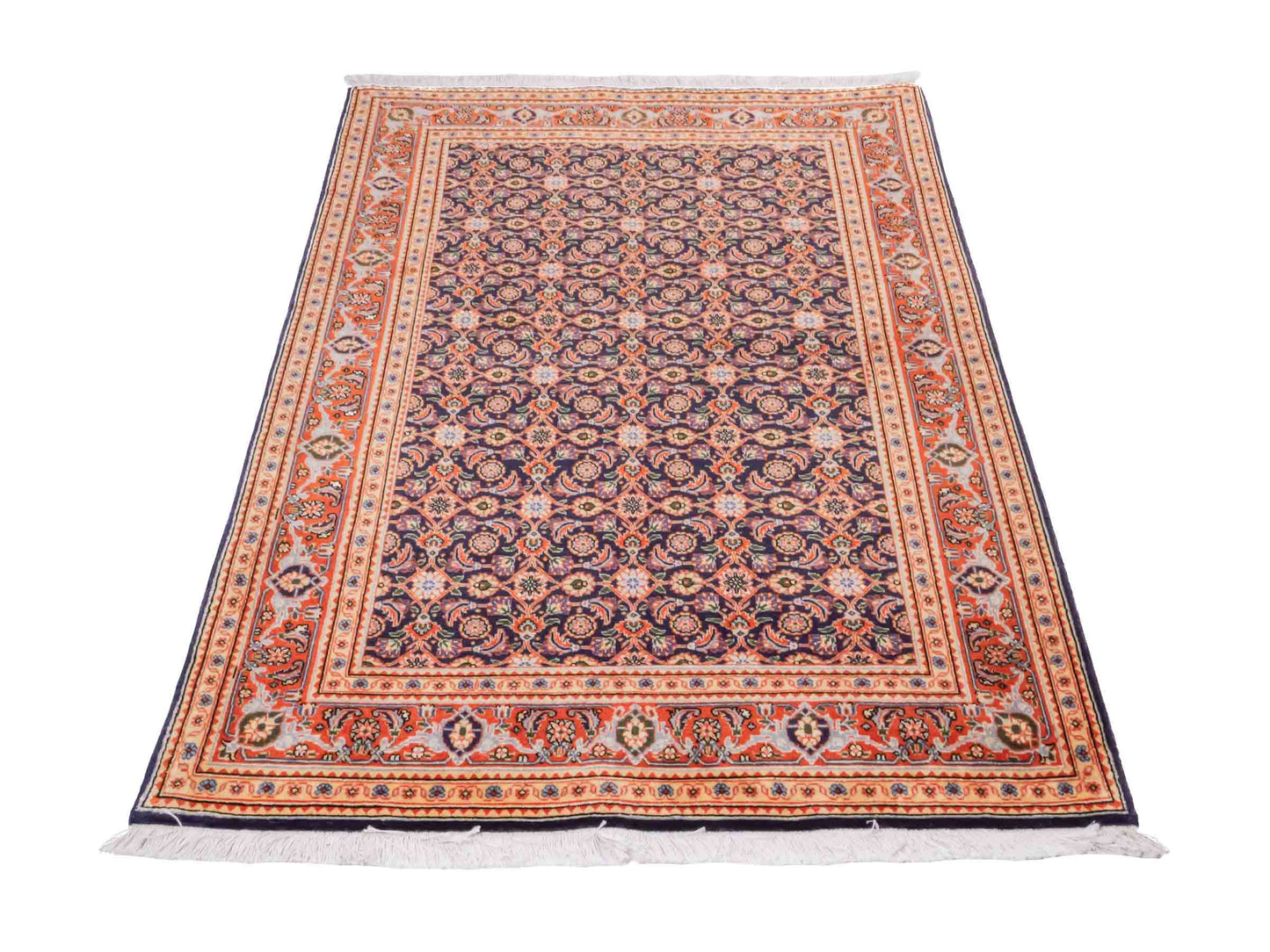 Handgeknüpfter Täbriz Mahi 40 Raj Perserteppich von Khademi aus Wolle, navy-orange. Persischer Orientteppich. Von Hand geknüpft in Iran. Größe: 149 cm x 104 cm. Teppichnummer: SB3-1057. Verkauf durch Jupiter Intl.