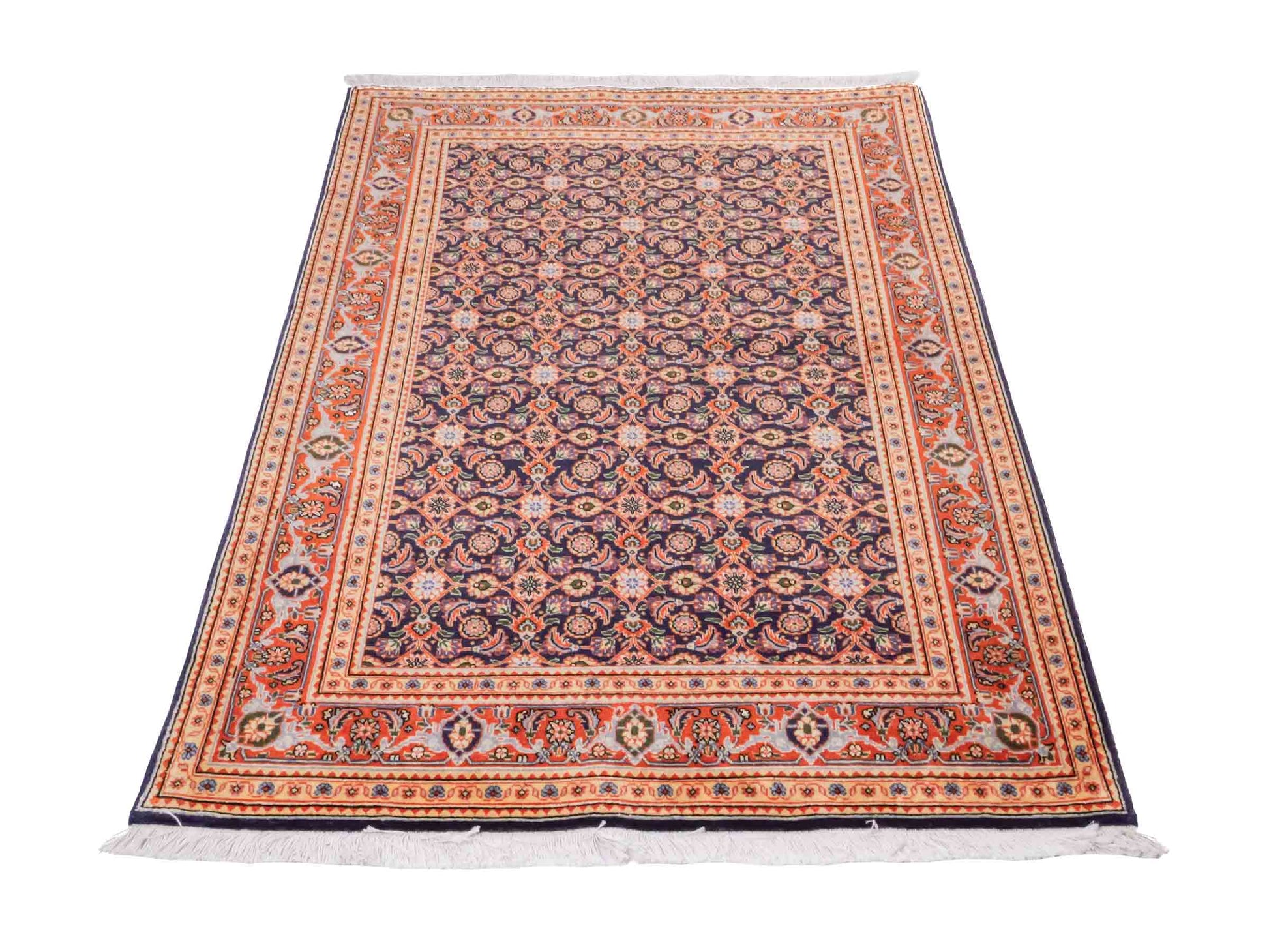 Handgeknüpfter Täbriz Mahi 40 Raj Perserteppich von Khademi aus Wolle, navy-orange. Persischer Orientteppich. Von Hand geknüpft in Iran. Größe: 149 cm x 104 cm. Teppichnummer: SB3-1057. Verkauf durch Jupiter Intl.