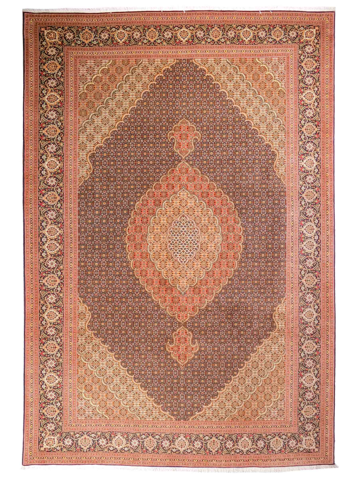 Handgeknüpfter Täbriz Mahi 40 Raj Perserteppich von Khademi aus Wolle, navy-blau-orange. Persischer Orientteppich. Von Hand geknüpft in Iran. Größe: 295 cm x 205 cm. Teppichnummer: SB3-1181. Verkauf durch Jupiter Intl.