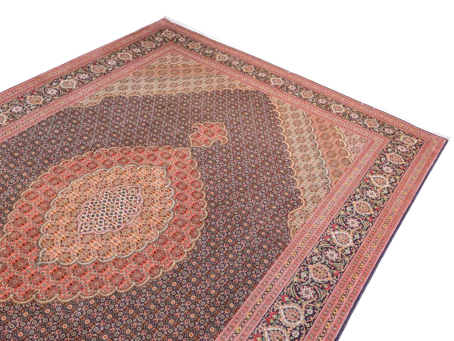 Handgeknüpfter Täbriz Mahi 40 Raj Perserteppich von Khademi aus Wolle, navy-blau-orange. Persischer Orientteppich. Von Hand geknüpft in Iran. Größe: 295 cm x 205 cm. Teppichnummer: SB3-1181. Verkauf durch Jupiter Intl.