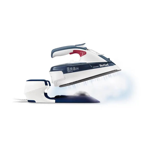 Tefal FV9960E0 Freemove 2400W kabelloses Dampfstationbügeleisen, blau und weiß. Seitenprofil.
