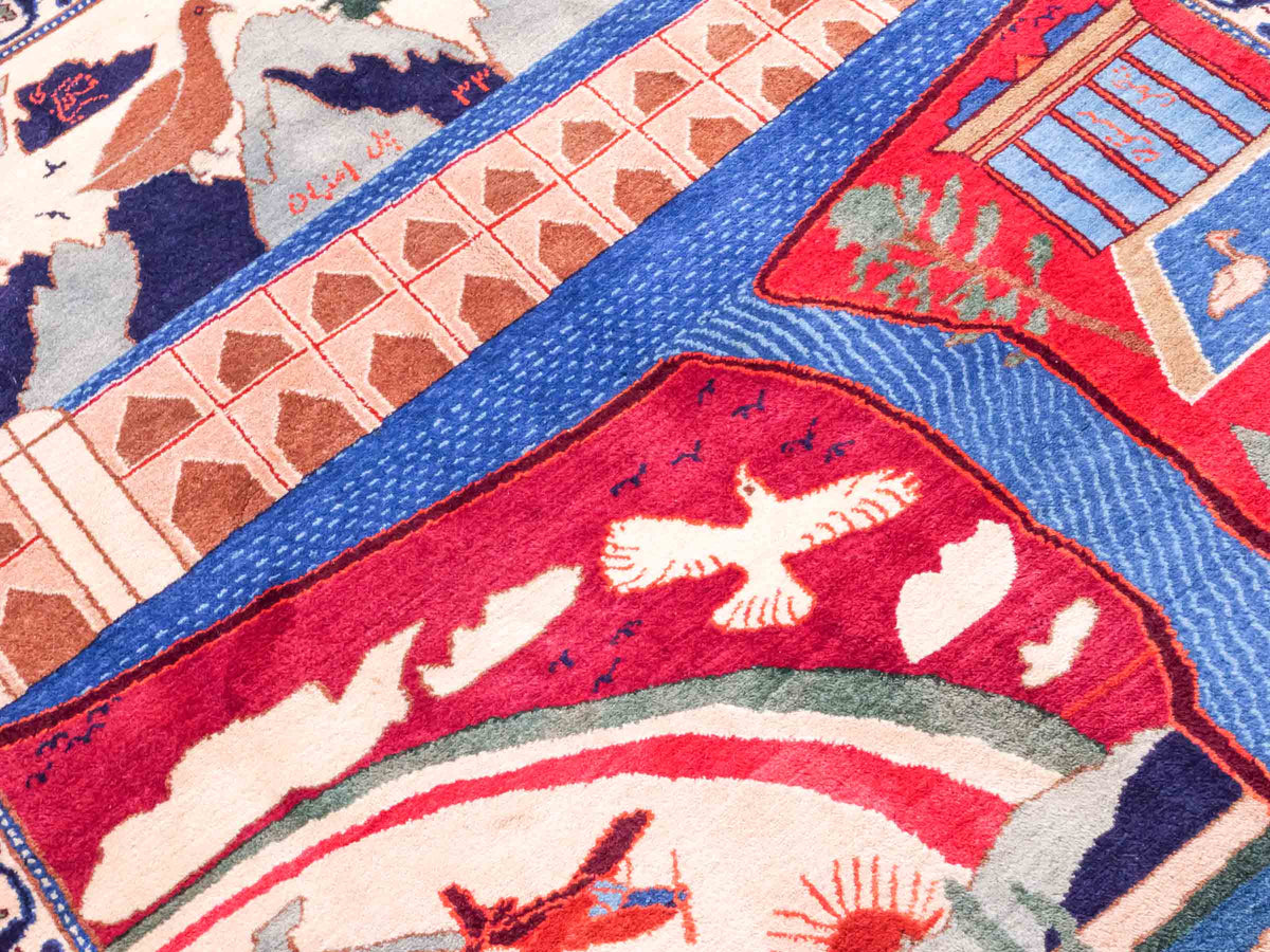 Handgeknüpfter Vintage Afghan Nomadenteppich von Khademi aus Wolle, mehrfarbig. Klassischer Wollteppich mit Bildmotiv. Orientteppich, traditionell von Hand geknüpft in Afghanistan. Größe: 189 x 128 cm. Teppichnummer: SB3-1123 | Jupiter Intl.