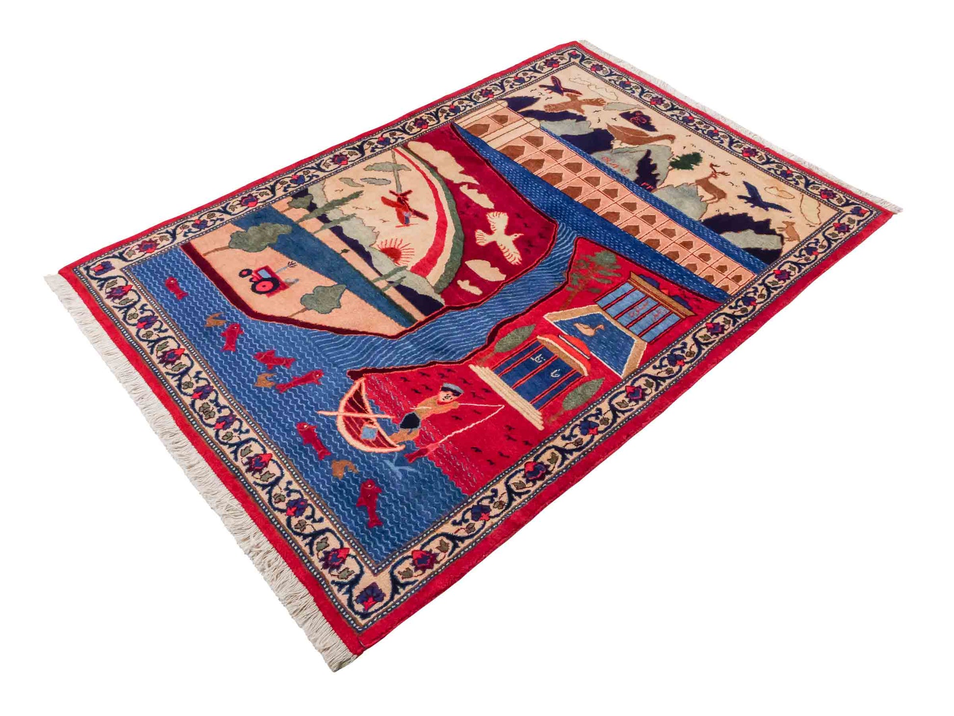 Handgeknüpfter Vintage Afghan Nomadenteppich von Khademi aus Wolle, mehrfarbig. Klassischer Wollteppich mit Bildmotiv. Orientteppich, traditionell von Hand geknüpft in Afghanistan. Größe: 189 x 128 cm. Teppichnummer: SB3-1123 | Jupiter Intl.