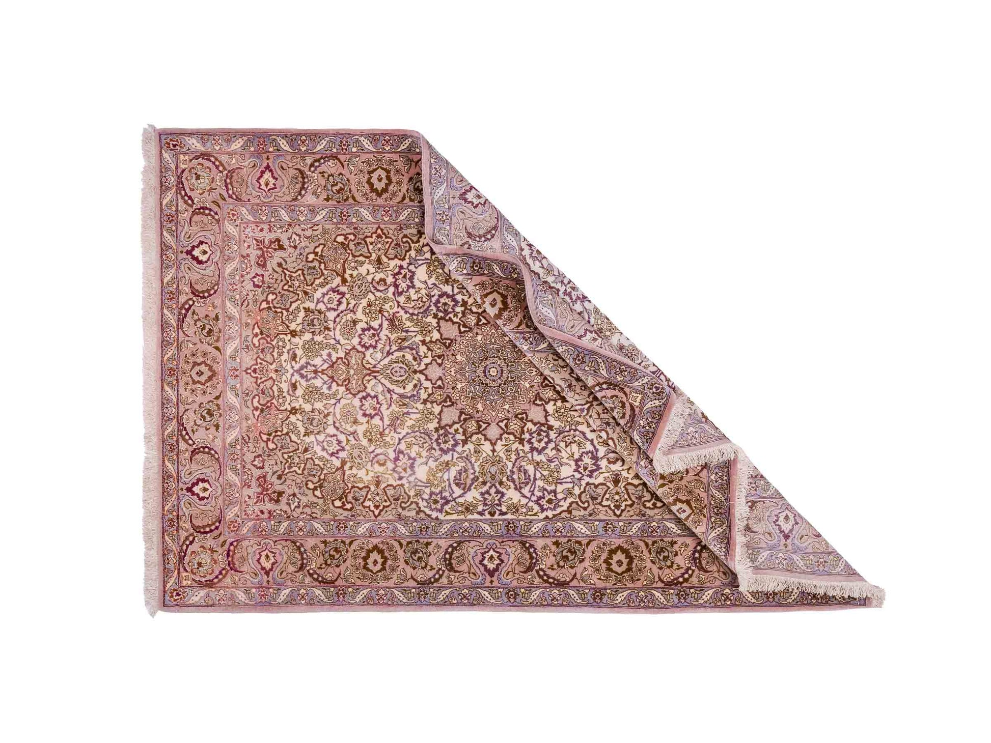 Handgeknüpfter Vintage Isfahan Perserteppich von Khademi aus Wolle mit Seide, beige-lila. Feiner, persischer Teppich mit Medaillon. Orientteppich, von Hand geknüpft in Iran. Größe: 165 x 113 cm. Teppichnummer: DB3-1042. Verkauf Jupiter Intl.