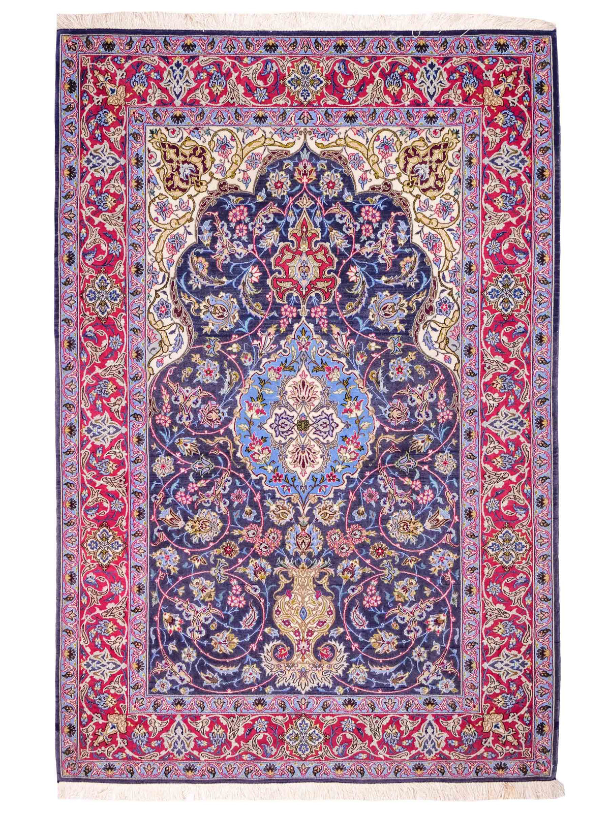 Handgeknüpfter Vintage Isfahan Perserteppich von Khademi aus Wolle mit Seide, blau-rot. Feiner, persischer Teppich mit Medaillon. Orientteppich, geknüpft in Iran. Größe: 169 x 113 cm. Teppichnummer: SB3-1066 | Jupiter Intl.