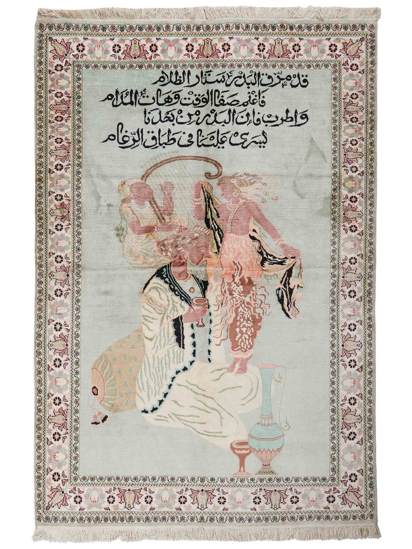 Handgeknüpfter Vintage Kaschmir Seidenteppich von Khademi aus Seide, mintgrün. Indischer Orientteppich mit figuralem Bildmotiv. Von Hand geknüpft in Iran / Persien. Größe: 191 cm x 122 cm. Teppichnummer: SB3-1125 | Jupiter Intl.