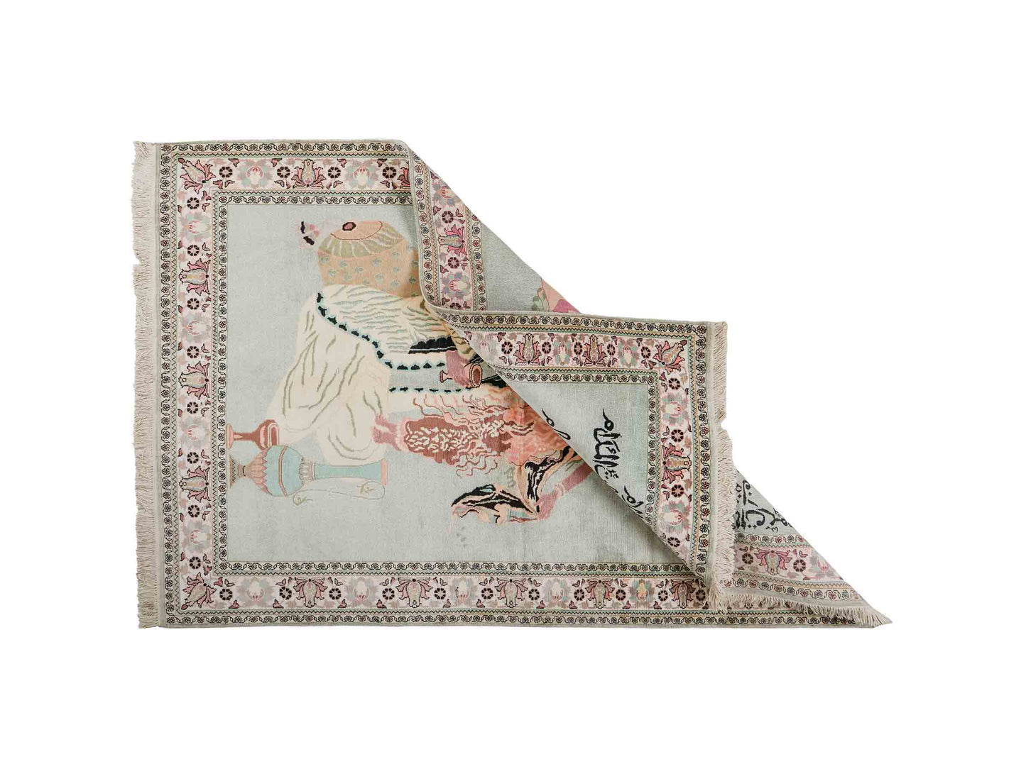 Handgeknüpfter Vintage Kaschmir Seidenteppich von Khademi aus Seide, mintgrün. Indischer Orientteppich mit figuralem Bildmotiv. Von Hand geknüpft in Iran / Persien. Größe: 191 cm x 122 cm. Teppichnummer: SB3-1125 | Jupiter Intl.