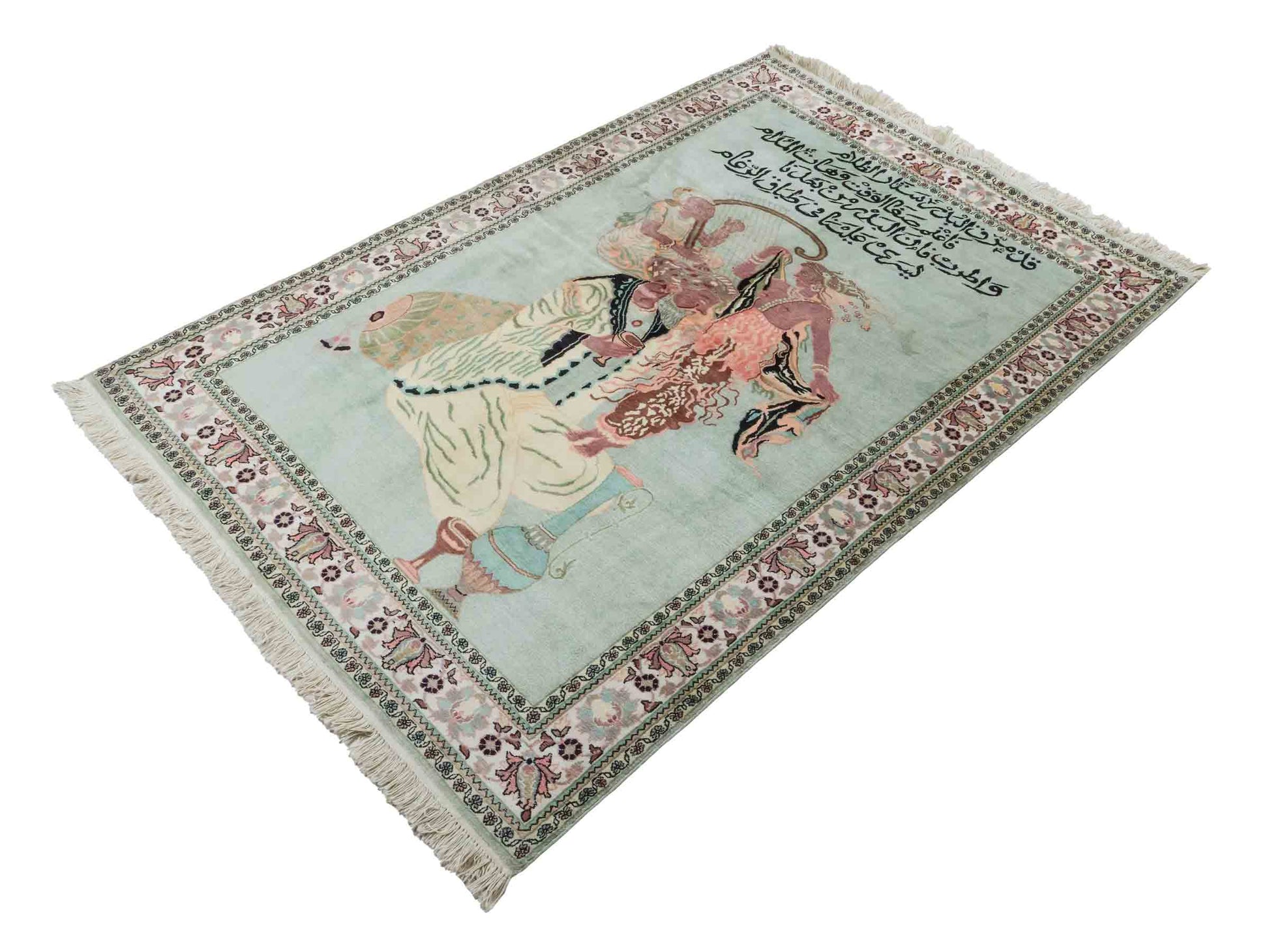 Handgeknüpfter Vintage Kaschmir Seidenteppich von Khademi aus Seide, mintgrün. Indischer Orientteppich mit figuralem Bildmotiv. Von Hand geknüpft in Iran / Persien. Größe: 191 cm x 122 cm. Teppichnummer: SB3-1125 | Jupiter Intl.