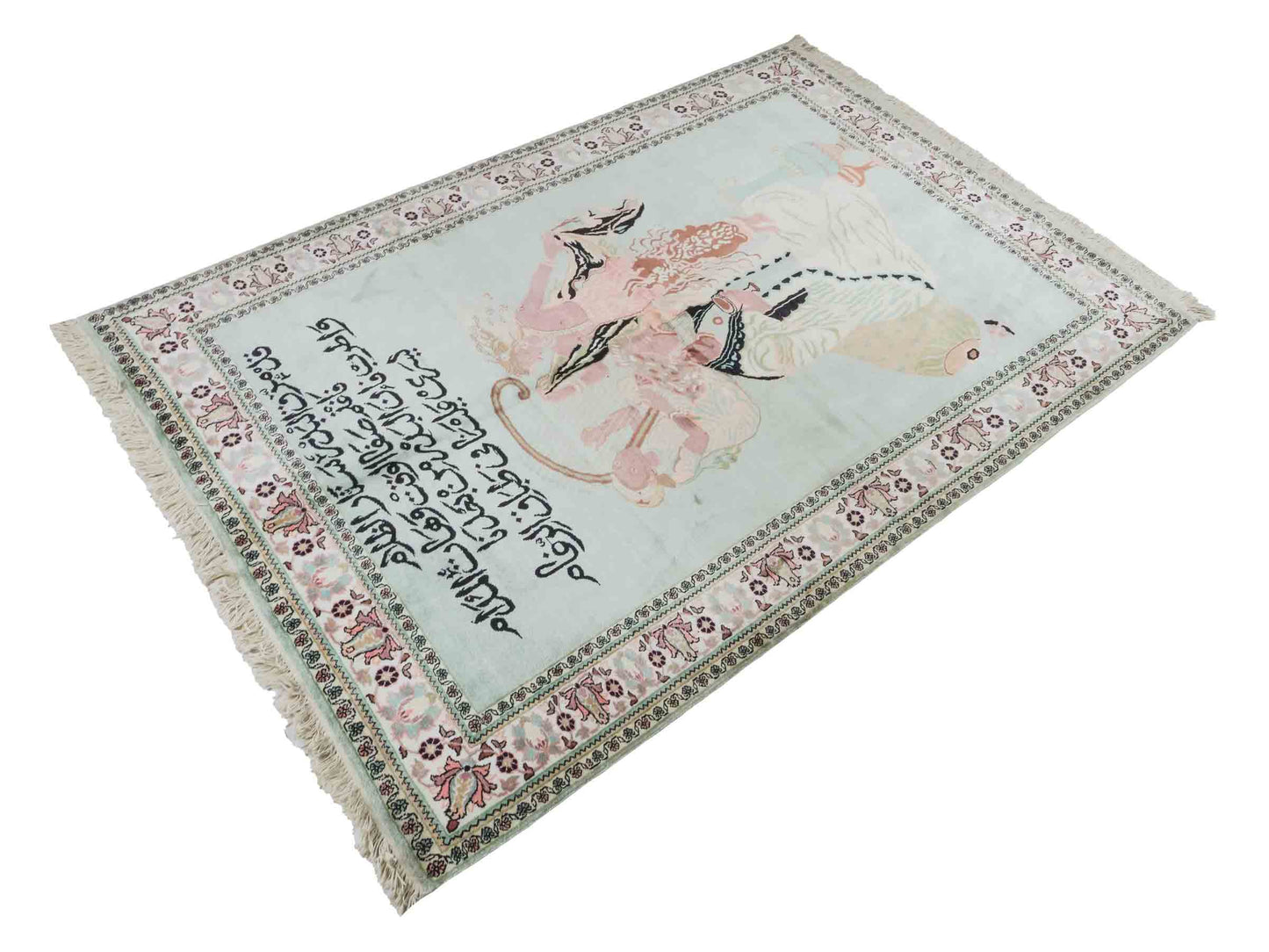 Handgeknüpfter Vintage Kaschmir Seidenteppich von Khademi aus Seide, mintgrün. Indischer Orientteppich mit figuralem Bildmotiv. Von Hand geknüpft in Iran / Persien. Größe: 191 cm x 122 cm. Teppichnummer: SB3-1125 | Jupiter Intl.