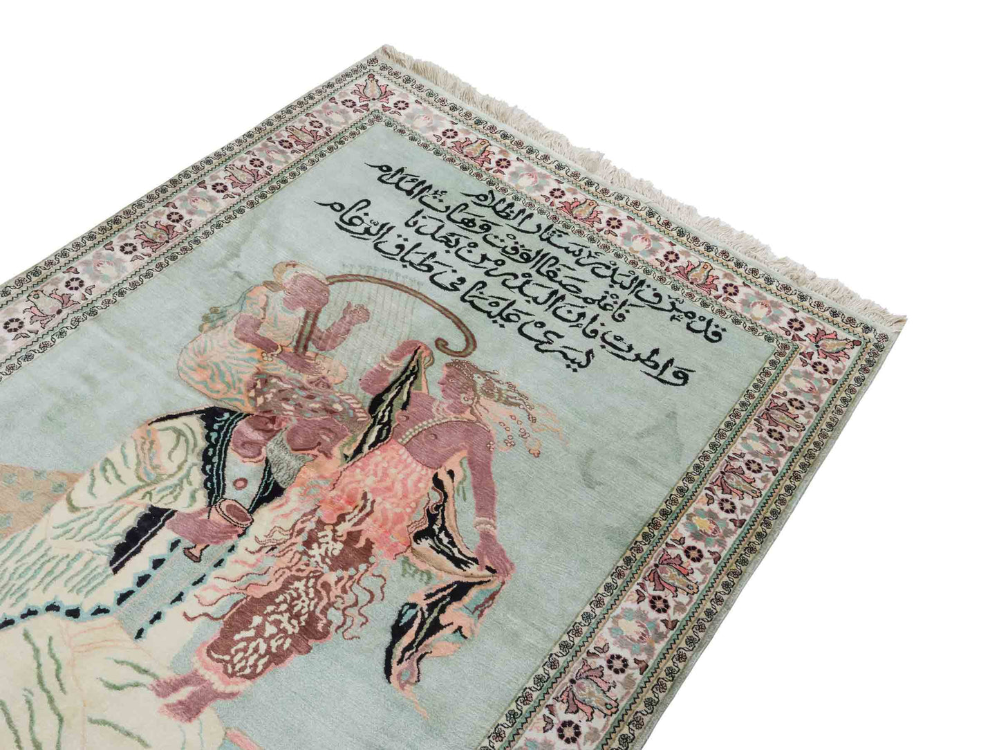 Handgeknüpfter Vintage Kaschmir Seidenteppich von Khademi aus Seide, mintgrün. Indischer Orientteppich mit figuralem Bildmotiv. Von Hand geknüpft in Iran / Persien. Größe: 191 cm x 122 cm. Teppichnummer: SB3-1125 | Jupiter Intl.