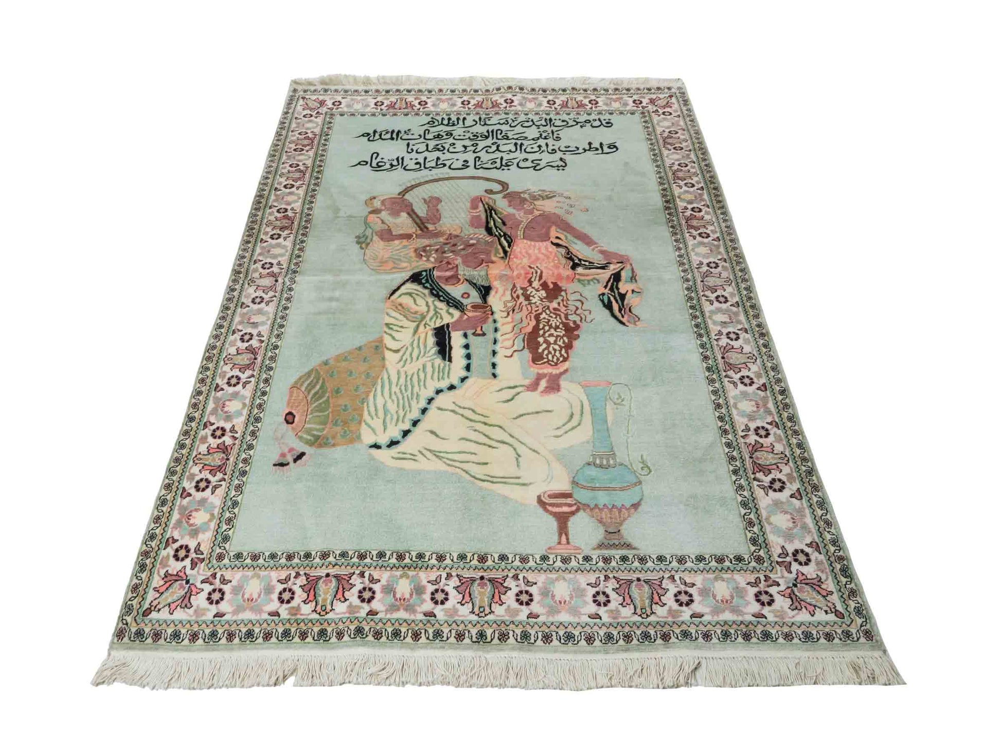 Handgeknüpfter Vintage Kaschmir Seidenteppich von Khademi aus Seide, mintgrün. Indischer Orientteppich mit figuralem Bildmotiv. Von Hand geknüpft in Iran / Persien. Größe: 191 cm x 122 cm. Teppichnummer: SB3-1125 | Jupiter Intl.