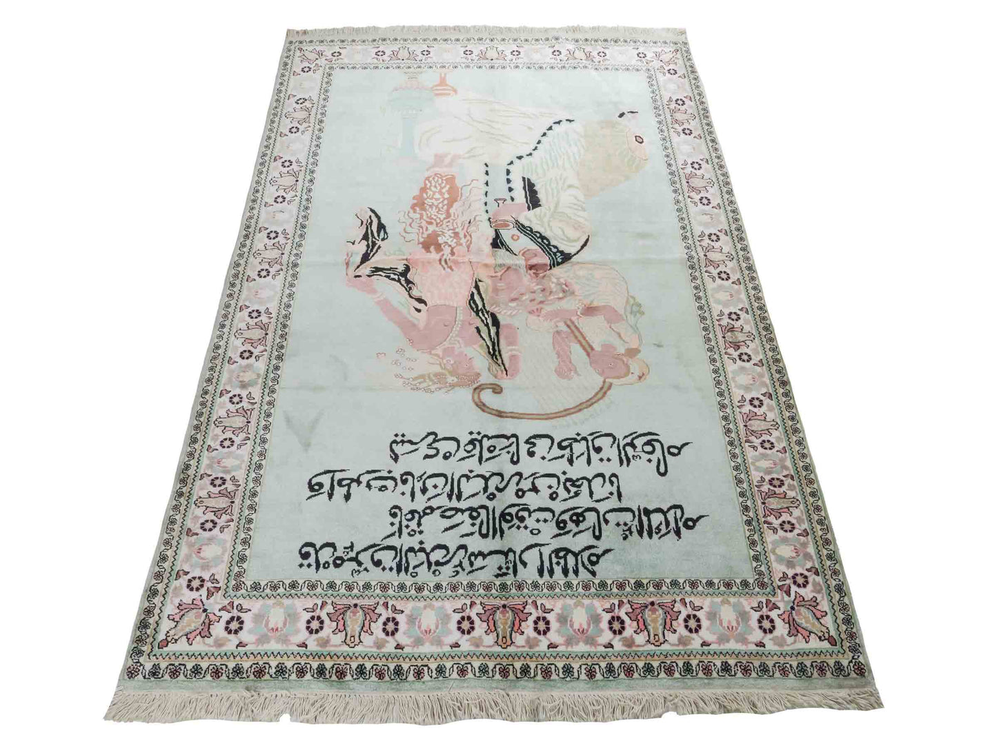 Handgeknüpfter Vintage Kaschmir Seidenteppich von Khademi aus Seide, mintgrün. Indischer Orientteppich mit figuralem Bildmotiv. Von Hand geknüpft in Iran / Persien. Größe: 191 cm x 122 cm. Teppichnummer: SB3-1125 | Jupiter Intl.